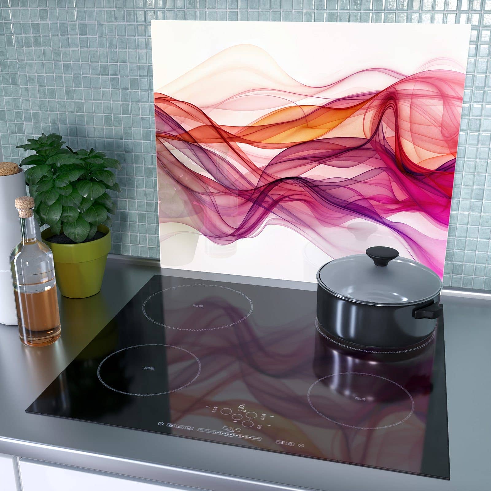1-teilige Abdeckplatte Ceranfeld mit Farbige Schleier-Motiv als Spritzschutz hinter dem Kochfeld