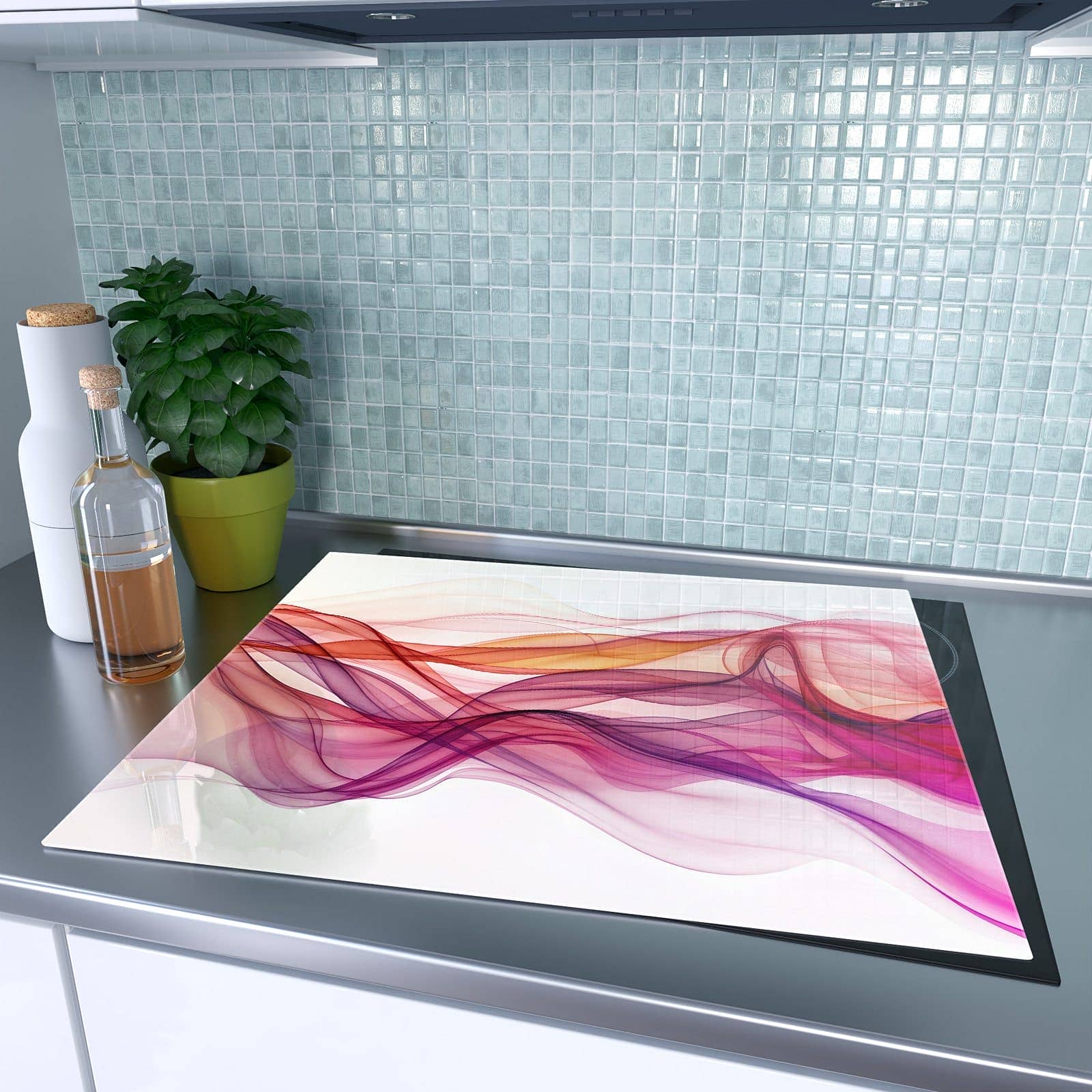 1-teilige Herdabdeckung aus Holz mit Farbige Schleier-Motiv auf dem Ceranfeld