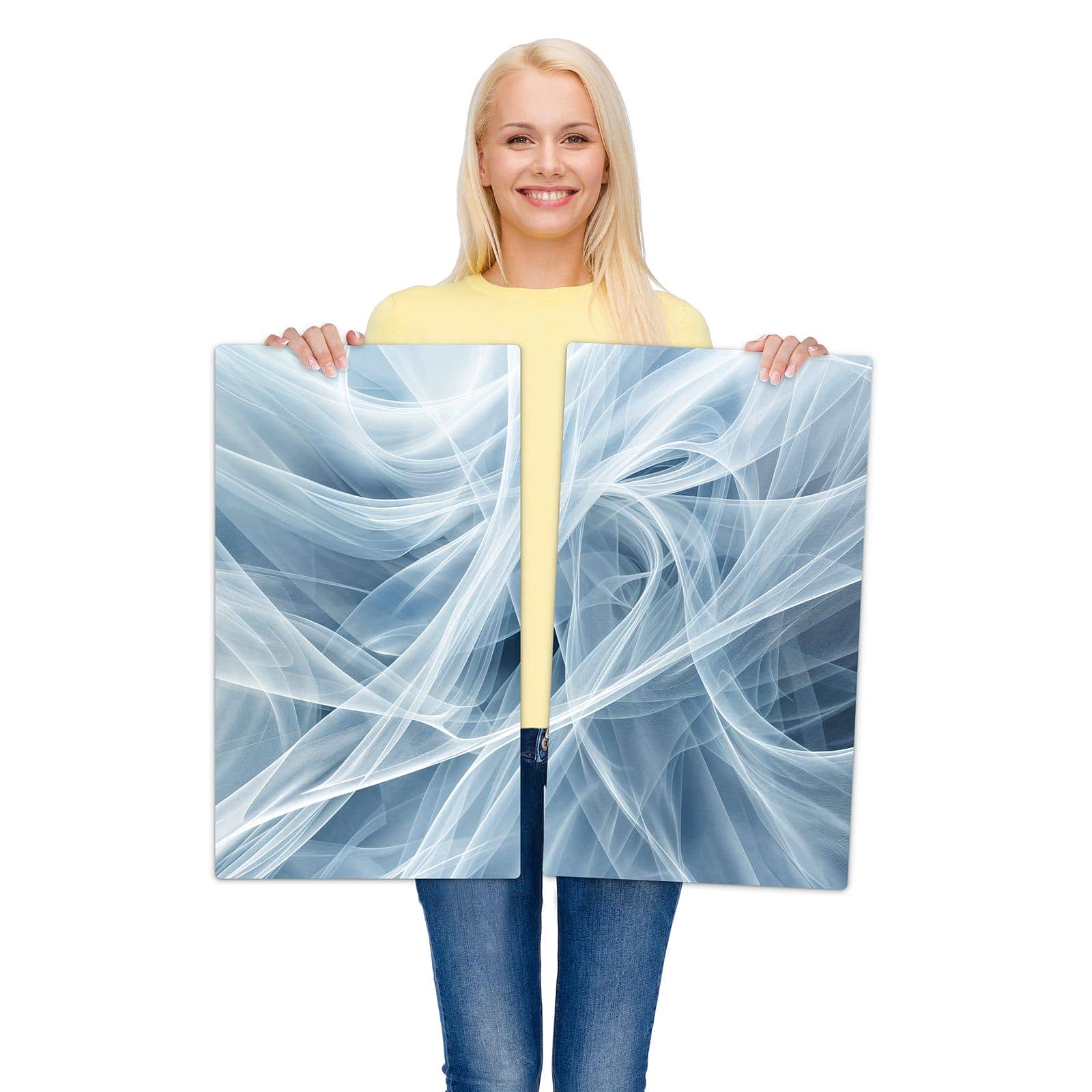 2-teilige Ceranfeld-Abdeckplatten mit Transparente Schleier-Motiv werden zur Größendarstellung gehalten