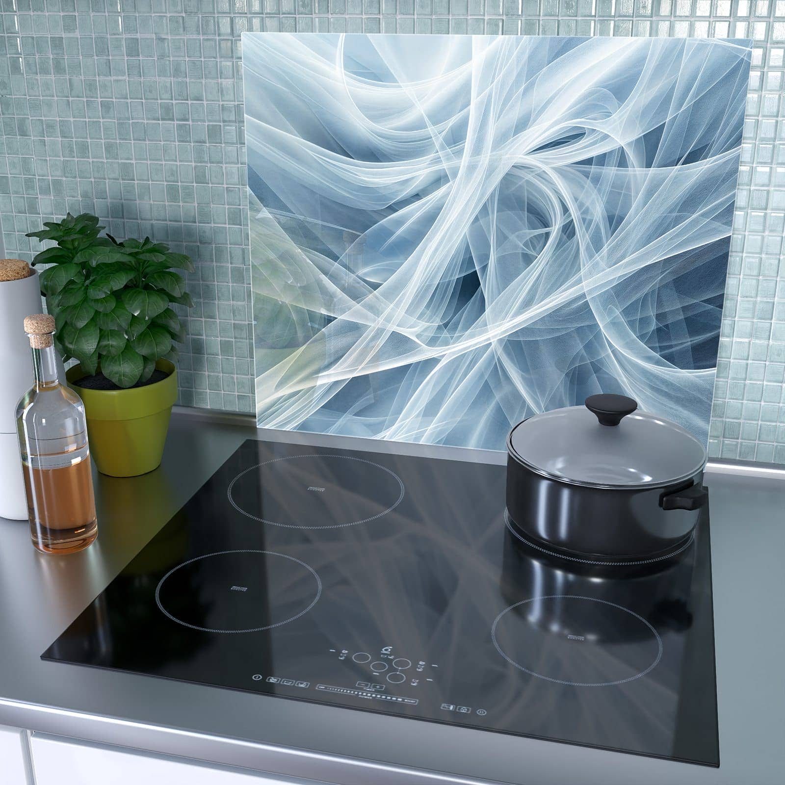 1-teilige Herdabdeckplatte mit Transparente Schleier-Motiv als Spritzschutz hinter dem Kochfeld