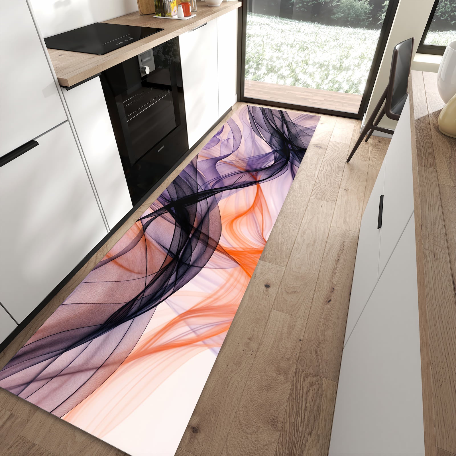 UV-beständiger waschbarer Teppich für Esstisch mit Motiv Abstrakte Bewegung in moderner Küche