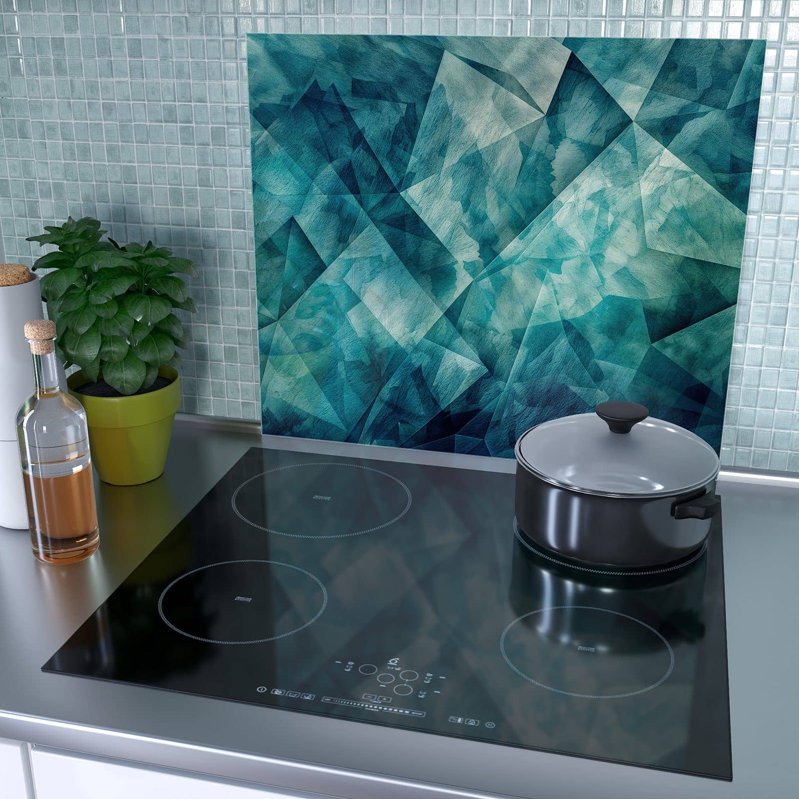 1-teilige Herdabdeckplatte mit Abstrakte Geometrie-Motiv als Spritzschutz hinter dem Kochfeld