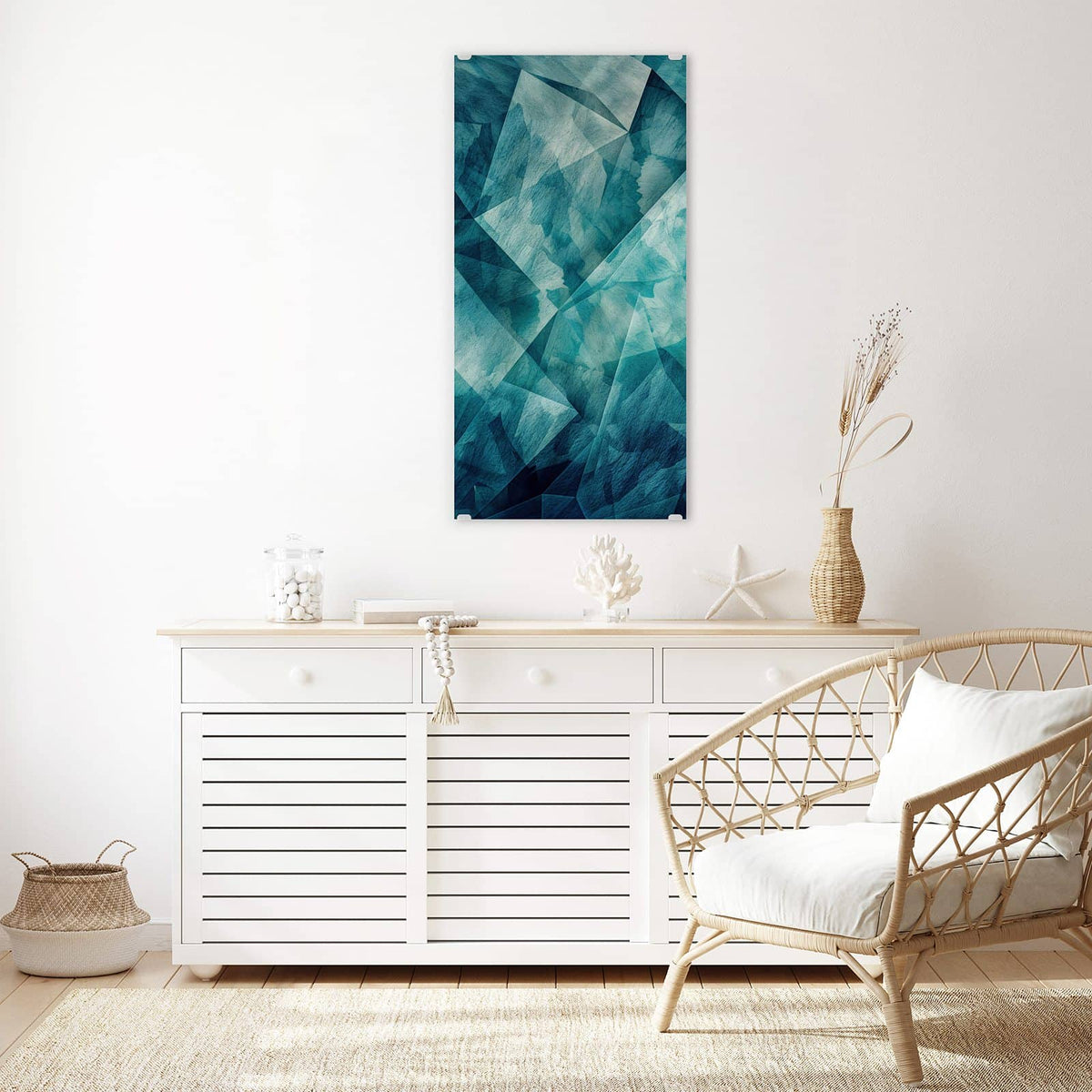 Glasbild Abstrakte Geometrie an der Wand – Übereinandergelegte Dreiecke und Facetten in Türkis und Blaugrau