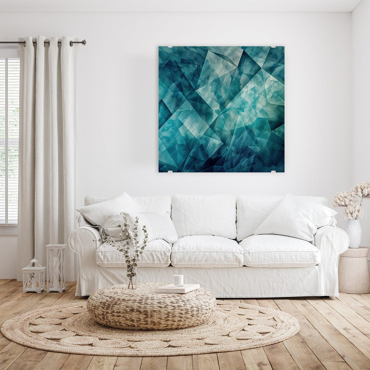 Glasbild Abstrakte Geometrie an der Wand – Übereinandergelegte Dreiecke und Facetten in Türkis und Blaugrau