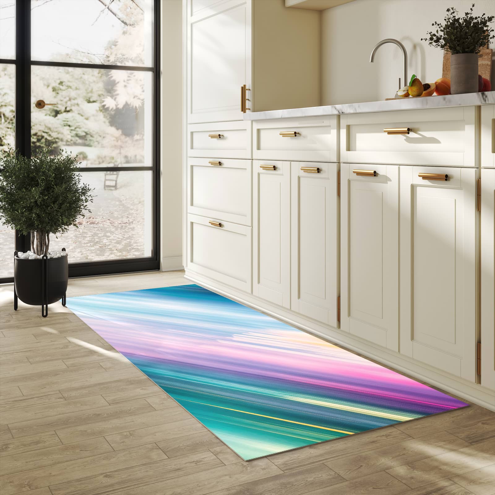 Geruchsneutraler rutschfester Läufer mit Motiv Farbiges Streifenmuster in heller Küche