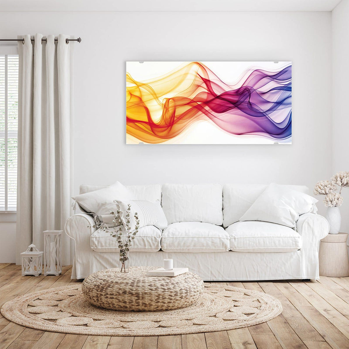 Wandbild - Bunte Rauchwellen - Querformat – Halbtransparente Wellen auf Weiß