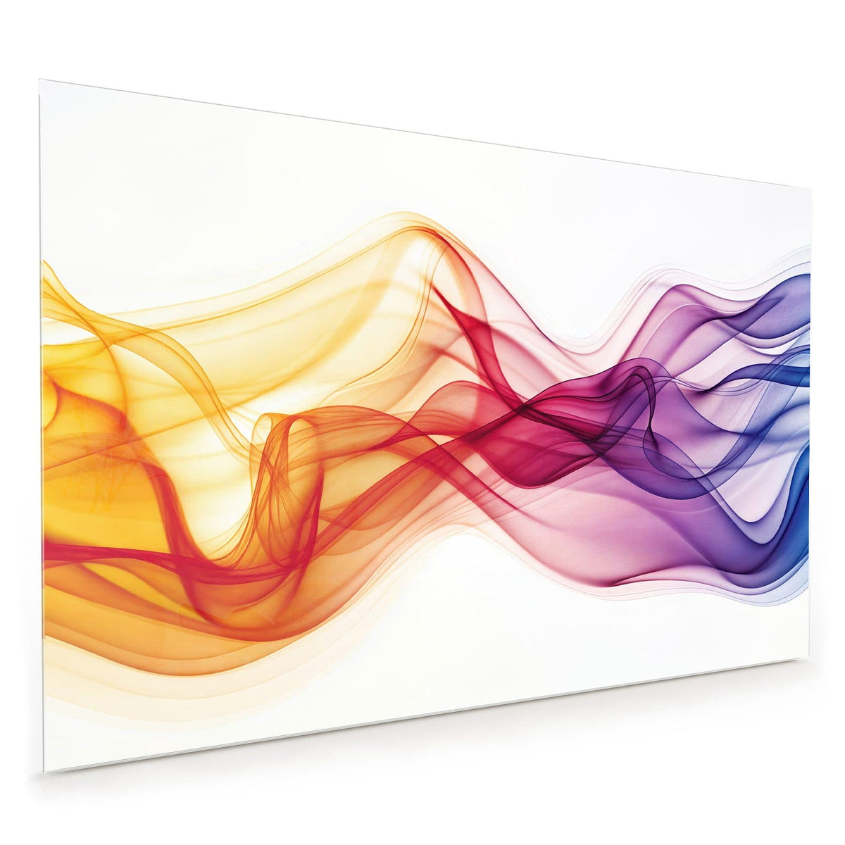 Küchenrückwand aus Glas im Hochformat mit Motiv Bunte Rauchwellen: Durchsichtige Rauchbänder in Gelb, Rot und Violett auf weißem Grund