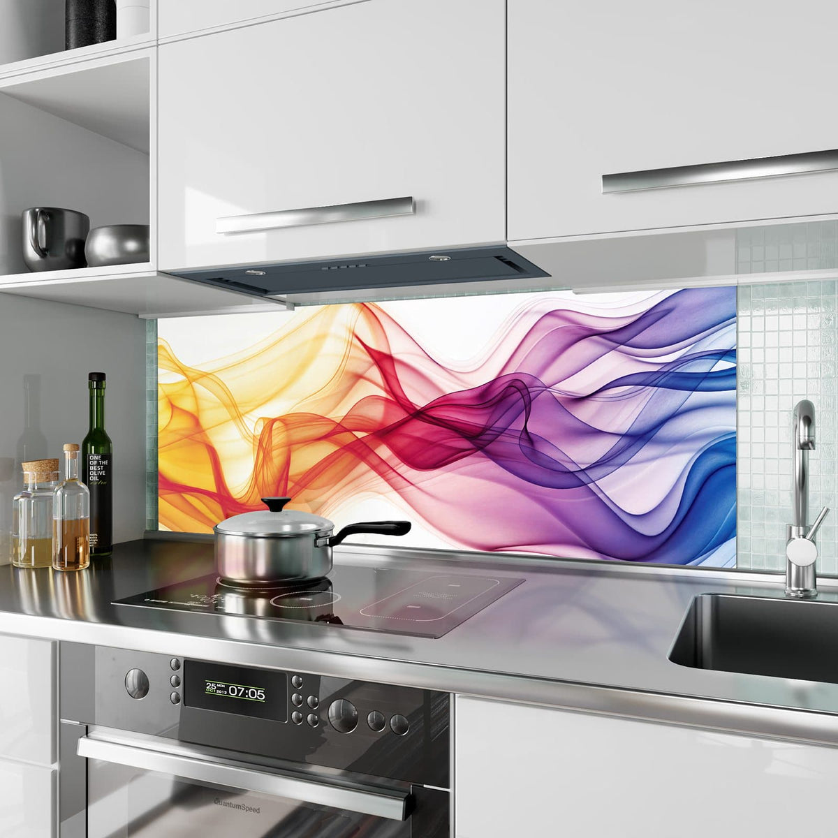 Küchenrückwand aus Glas Bunte Rauchwellen im Hochformat als Spritzschutz hinter dem Kochfeld, über dem Fliesenspiegel montiert