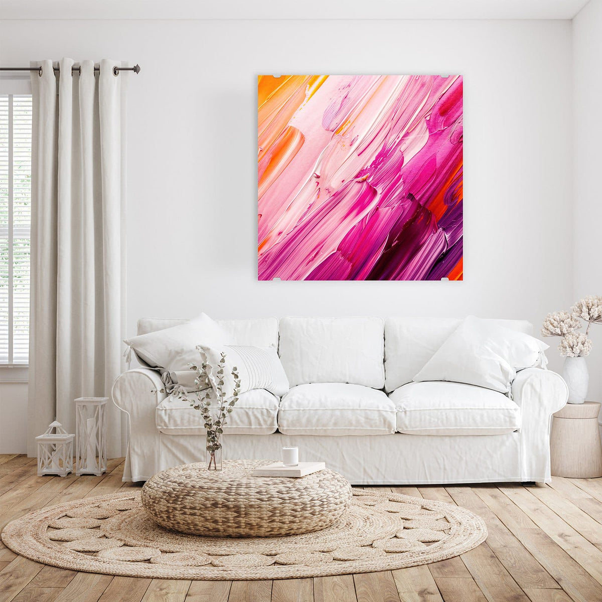 Glasbild Rosa Pinselstriche an der Wand – Dicke diagonale Farbstriche in Rosa, Magenta, Weiß und etwas Orange