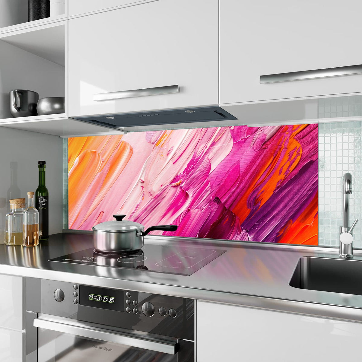 Küchenrückwand aus Glas Rosa Pinselstriche im Hochformat als Spritzschutz hinter dem Kochfeld, über dem Fliesenspiegel montiert