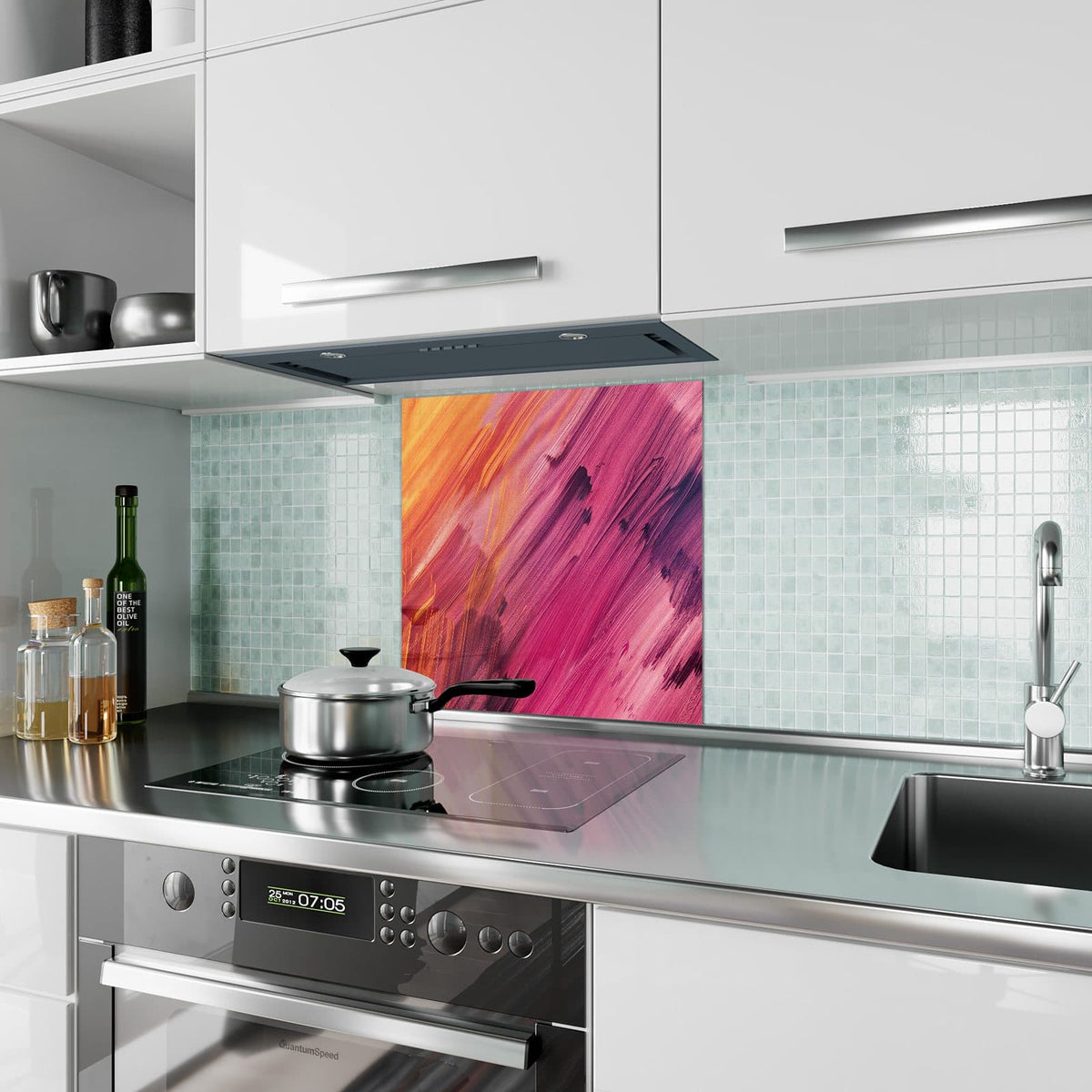 Küchenrückwand Diagonale Farbstriche aus Glas – Pinselstriche in Orange und Pink