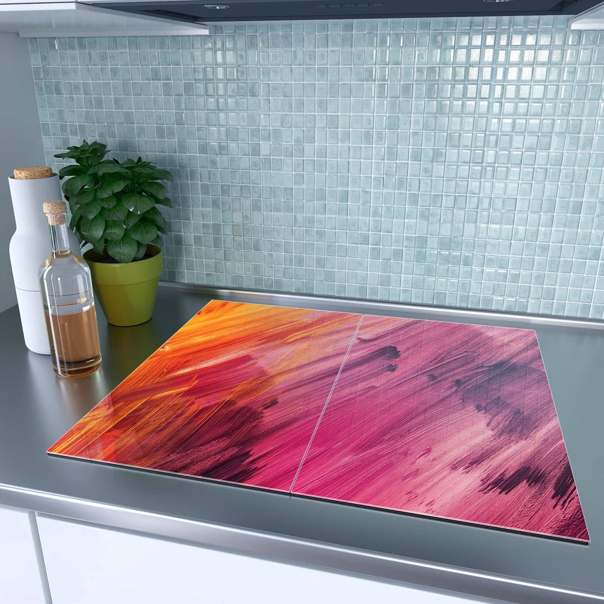 Herdabdeckplatte Diagonale Farbstriche – Pinselstriche in Orange und Pink