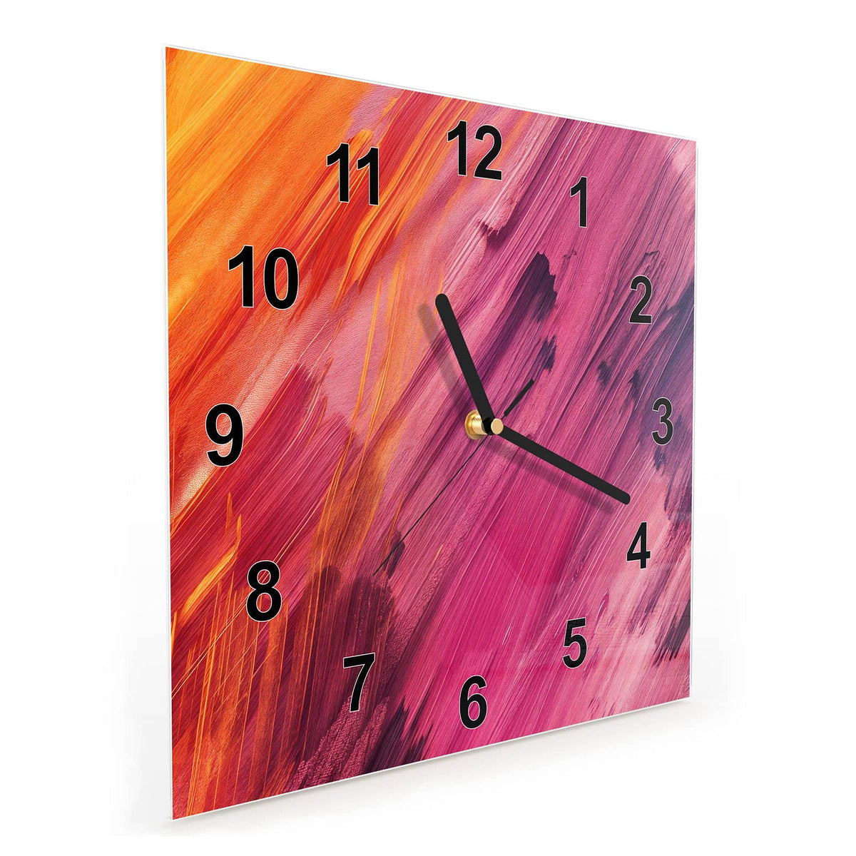 Quadratische Wanduhr aus Glas Diagonale Farbstriche schräg von der Seite, 4 mm starkes Glas