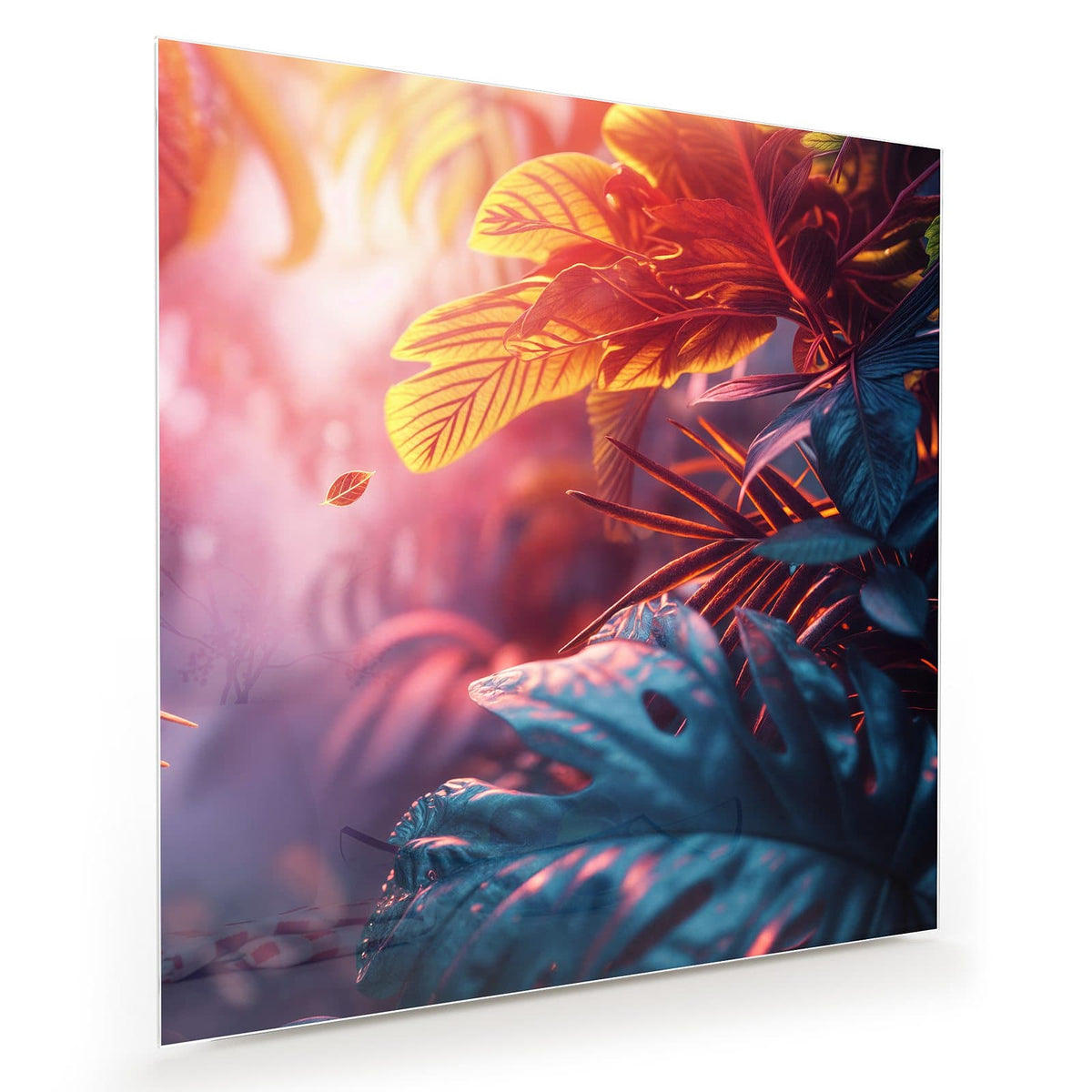 Tropische Monstera- und Palmblätter in Petrol und Rot in rosa Kunstlicht