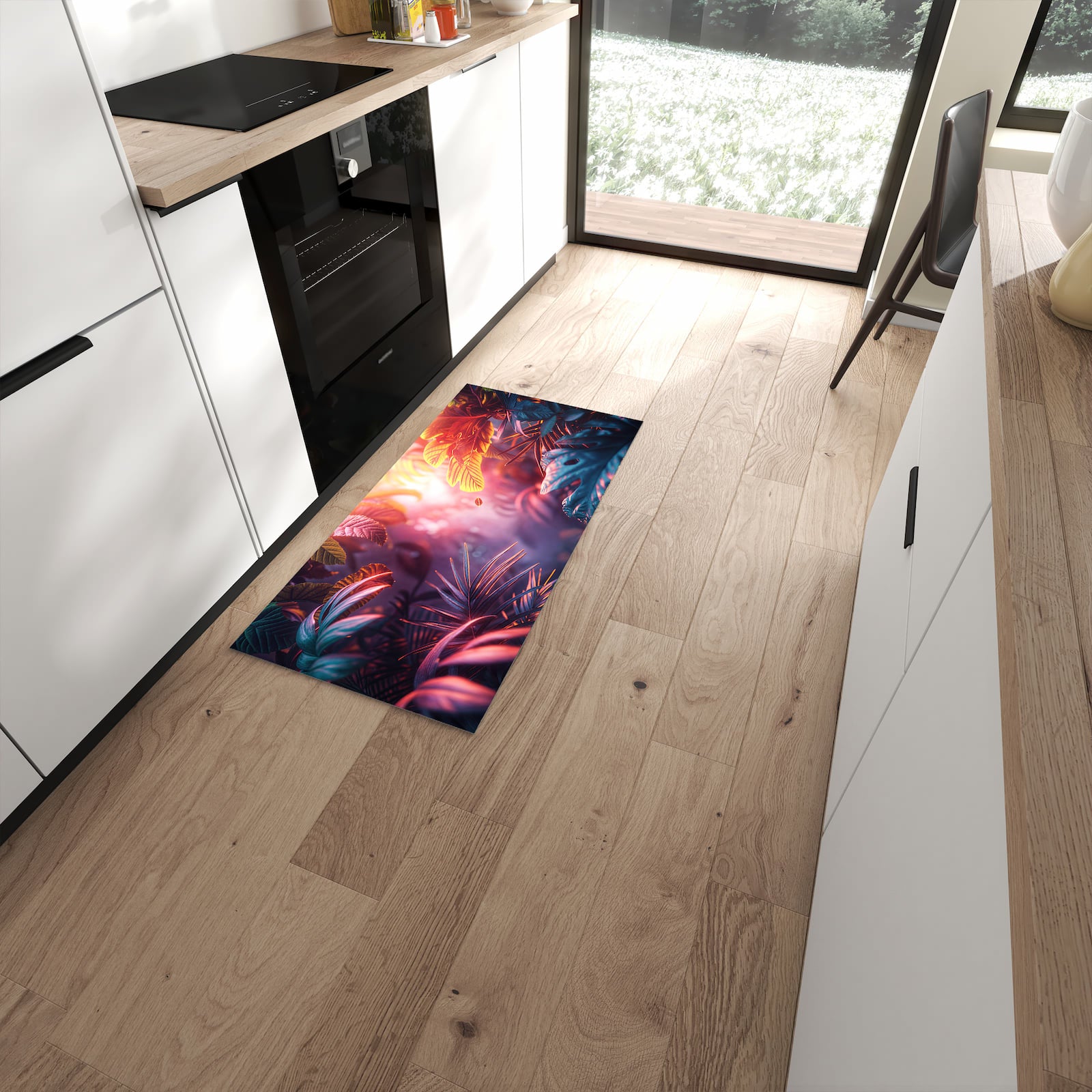 Waschbarer Küchenläufer mit Motiv Lichtdurchfluteter Dschungel in moderner Küche für sicheres Aufbewahren #grösse_60 x 120 cm