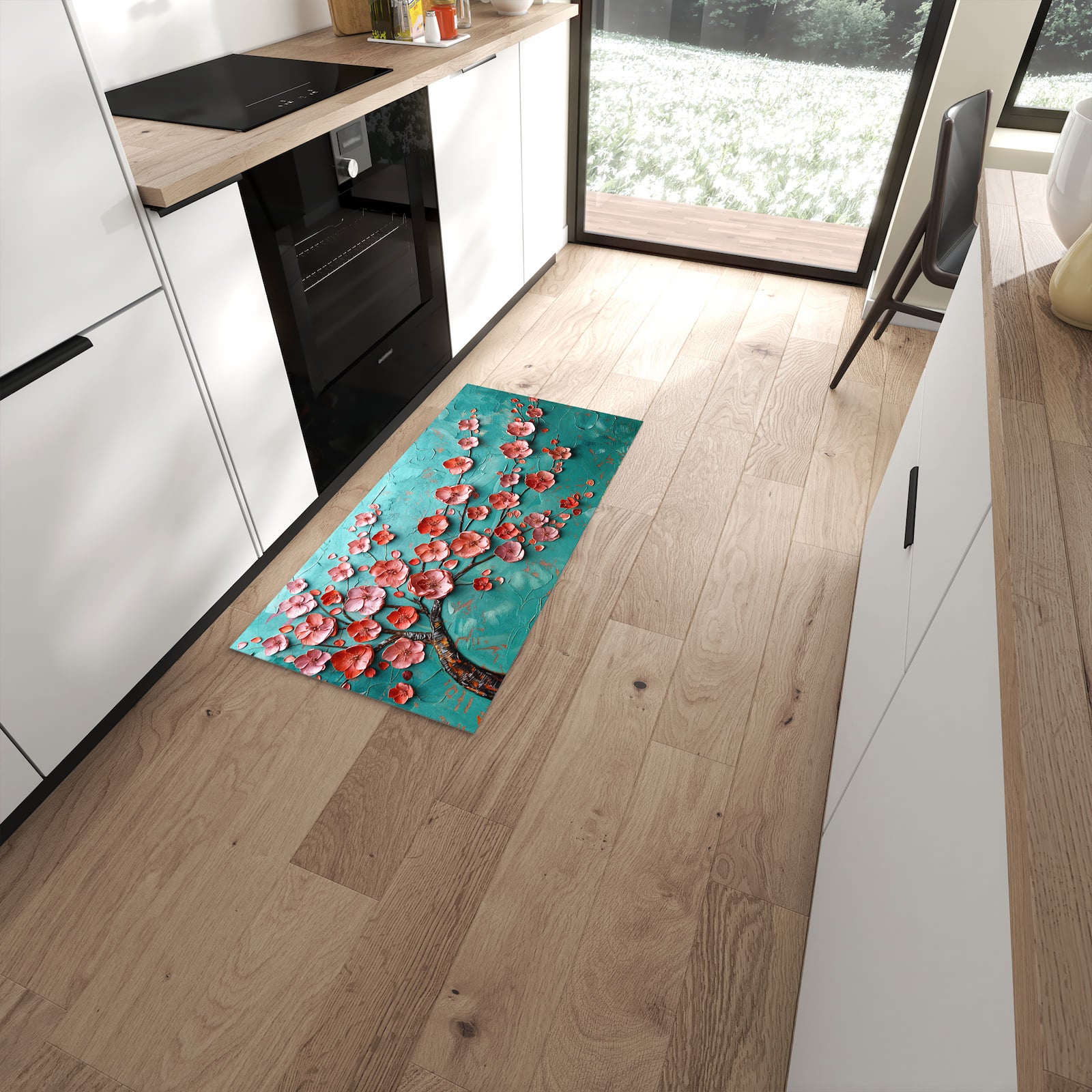 Rutschfester Küchenteppich mit Motiv Blütenbaum Kunst in moderner Küche - leicht zu reinigen #grösse_60 x 120 cm