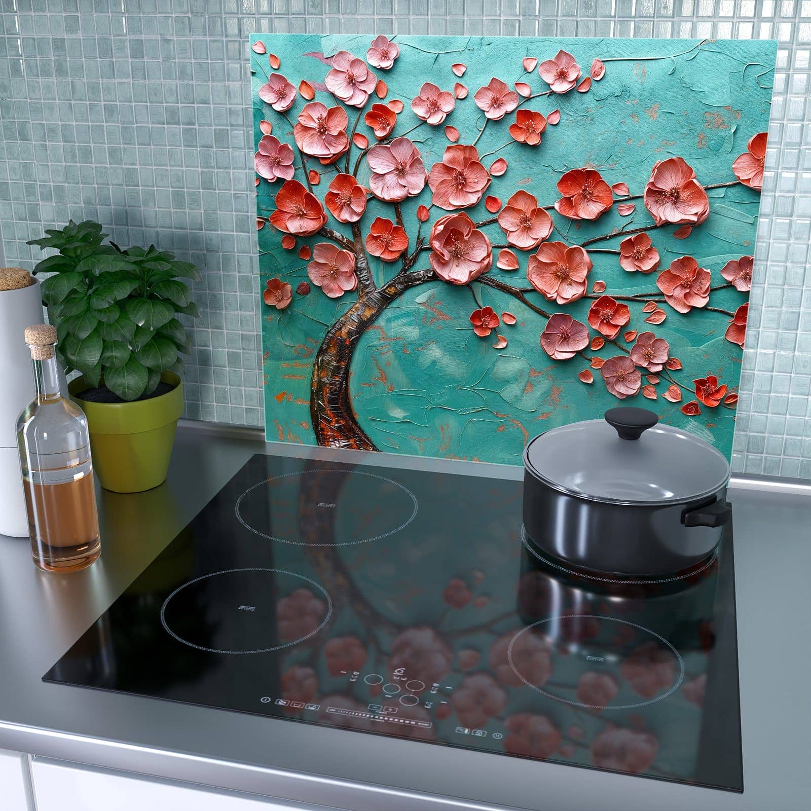 1-teilige Herdabdeckplatten für Ceranfeld mit Blütenbaum Kunst-Motiv als Spritzschutz hinter dem Kochfeld