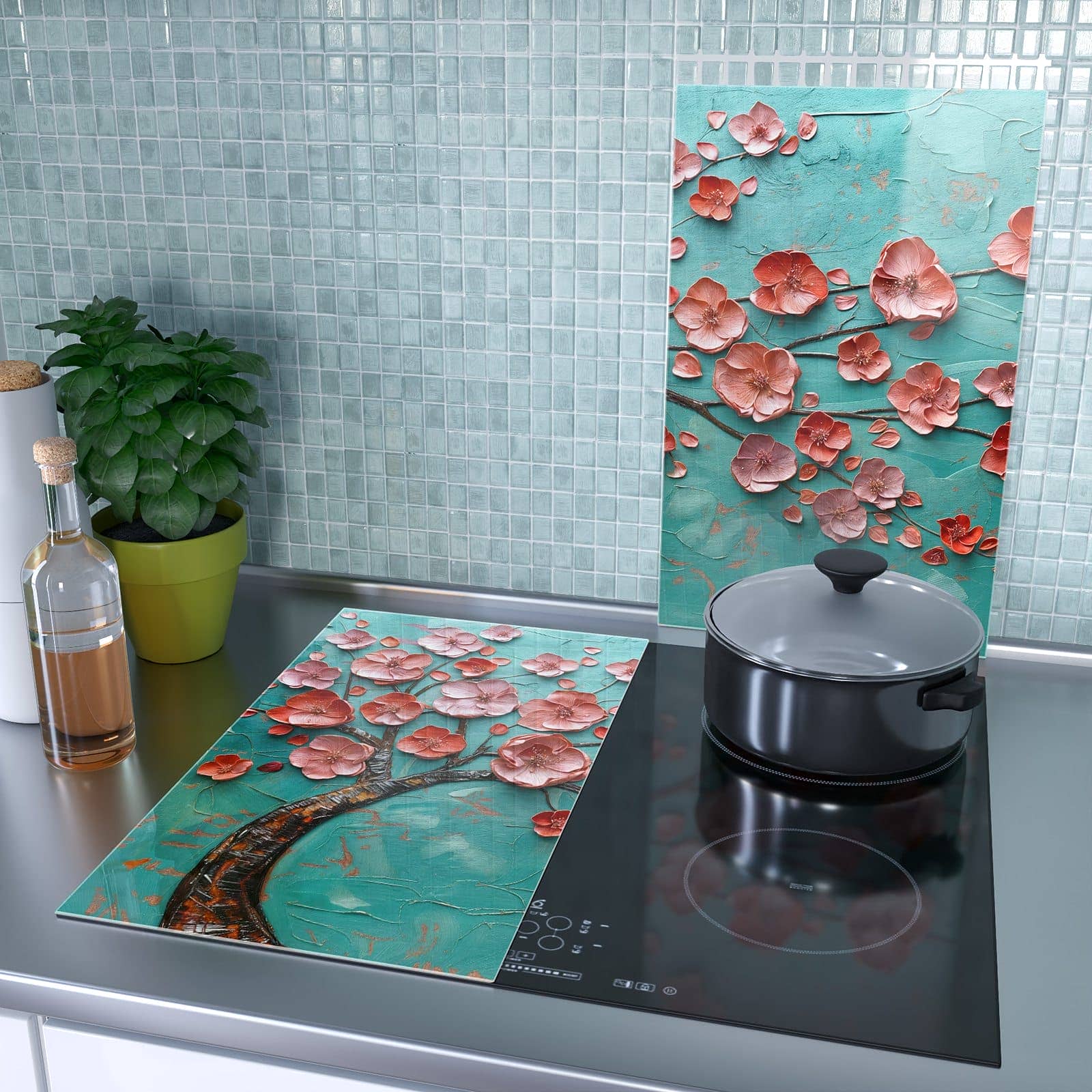 2-teilige Herdabdeckplatte mit Blütenbaum Kunst-Motiv als Spritzschutz hinter dem Kochfeld