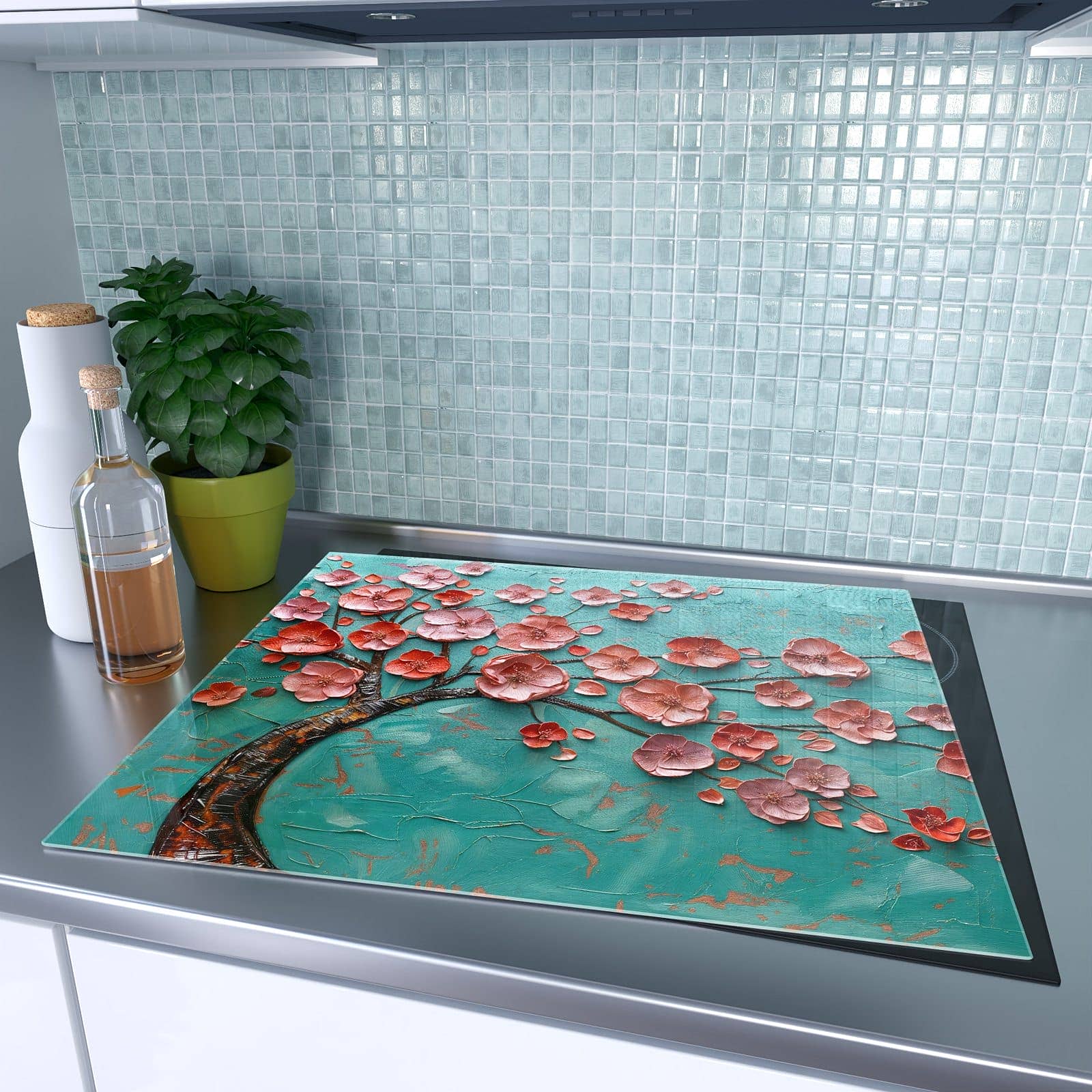 1-teilige Ceranfeld Abdeckung mit Blütenbaum Kunst-Motiv auf dem Ceranfeld