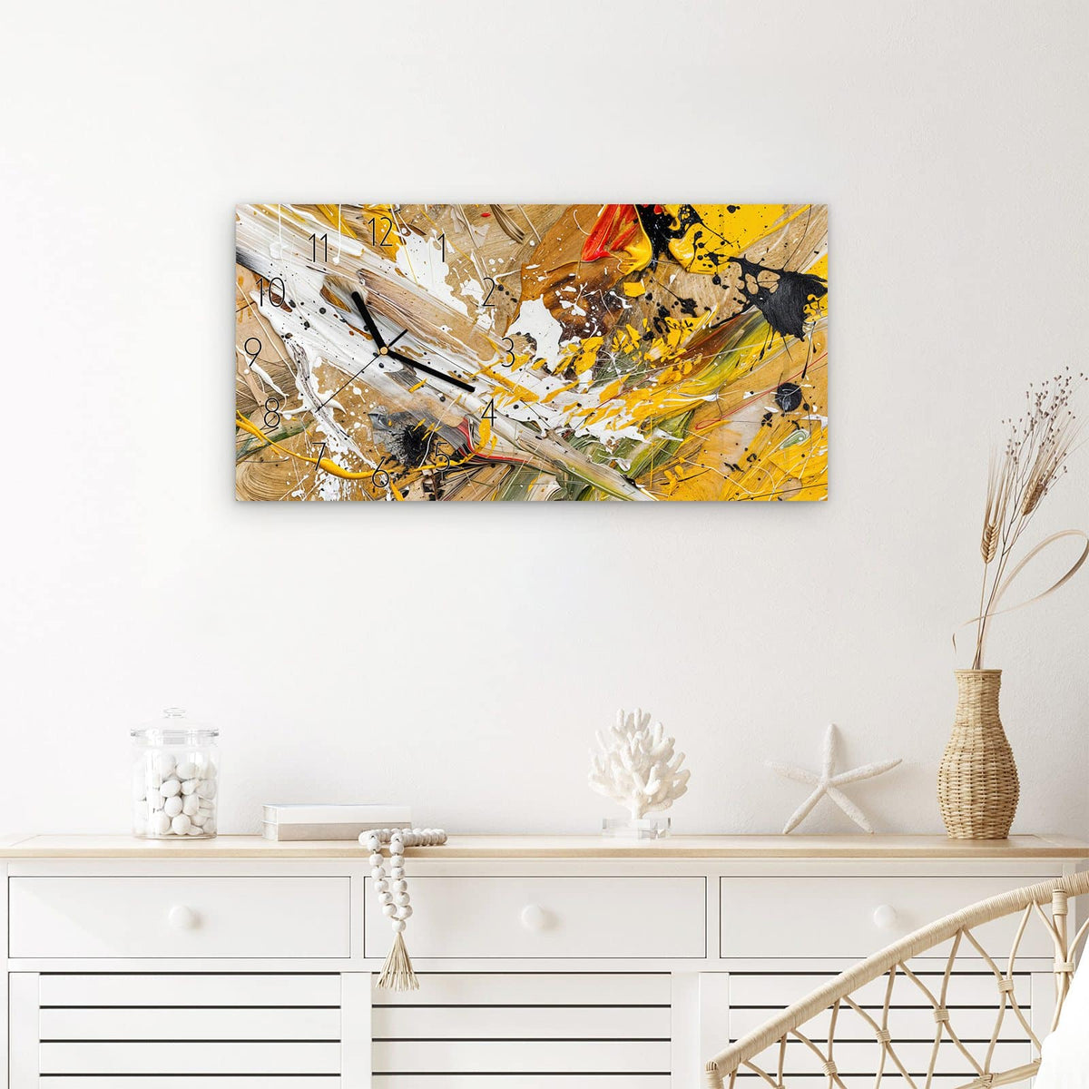 Wanduhr Abstrakte Malerei aus Glas – Querformat 60 × 30 cm – Wilde Farbspritzer in Gelb