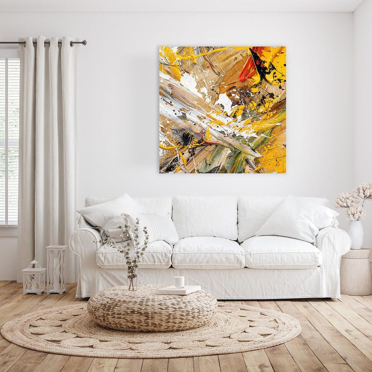 Glasbild Abstrakte Malerei an der Wand – Dicke Farbspritzer und Schlieren in Gelb, Weiß, Braun und Schwarz
