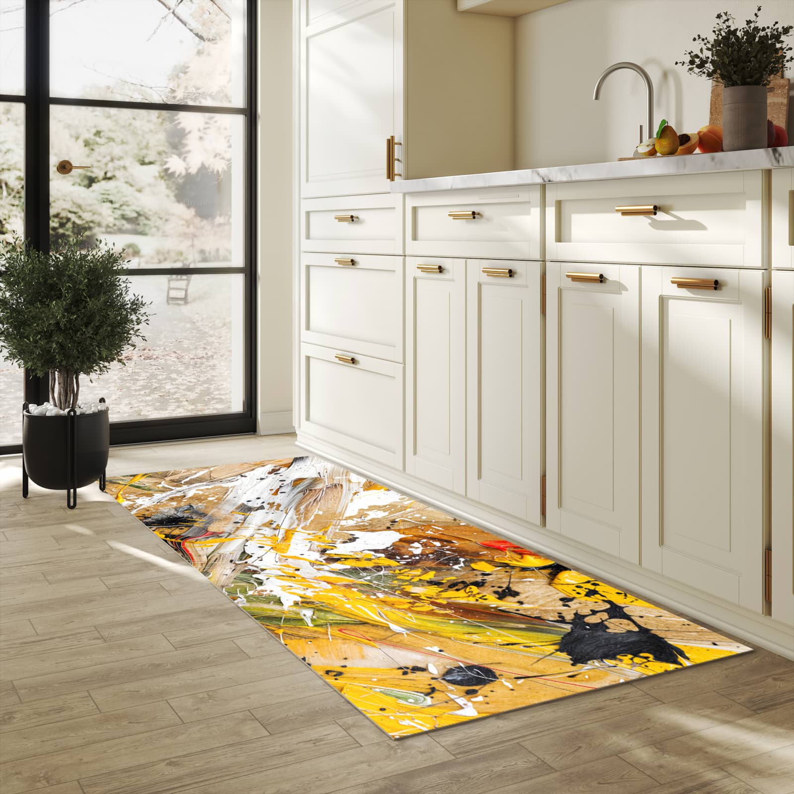 Pflegeleichter moderner Küchenläufer mit Motiv Abstrakte Malerei in heller Küche
