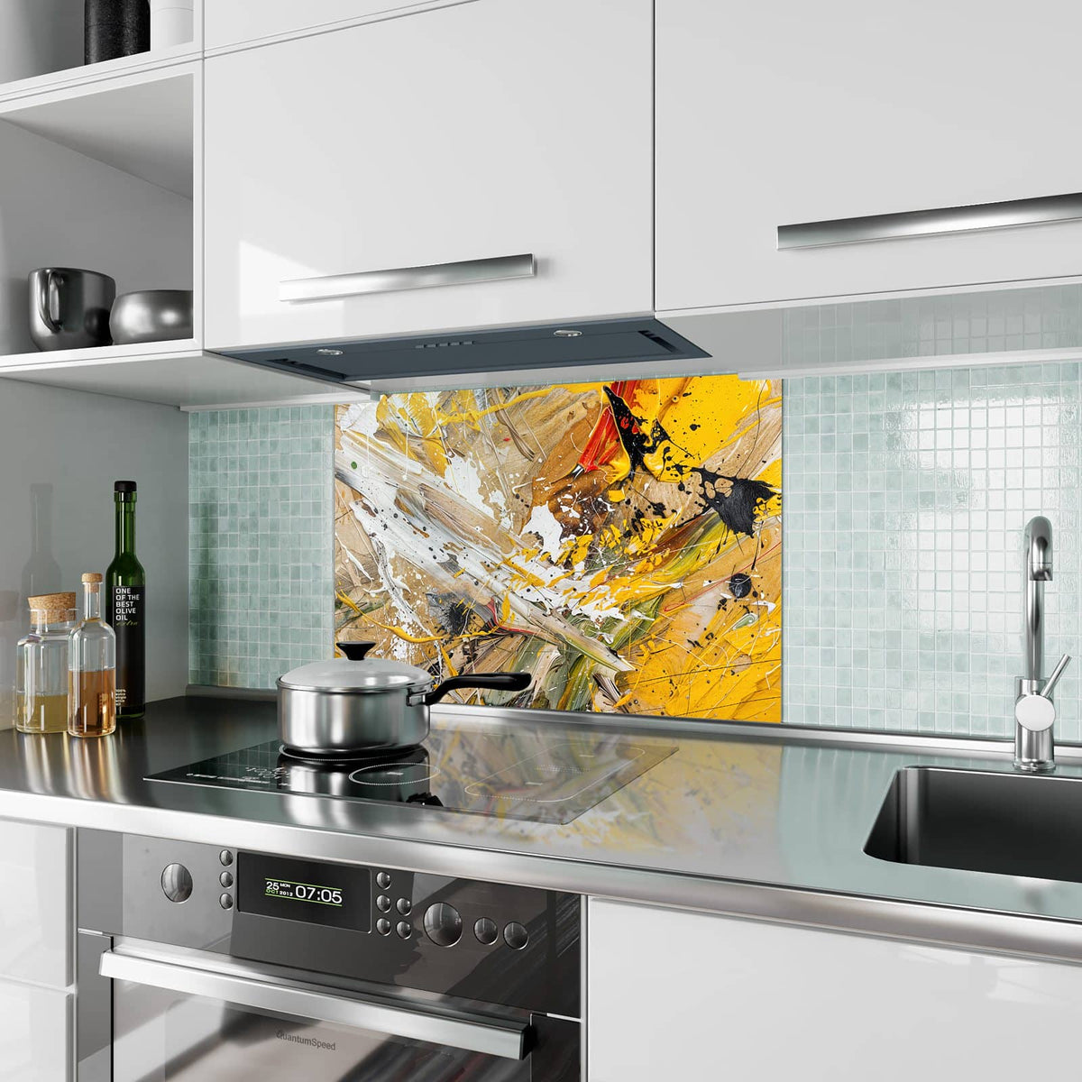 Küchenrückwand aus Glas Abstrakte Malerei im Hochformat als Spritzschutz hinter dem Kochfeld, über dem Fliesenspiegel montiert