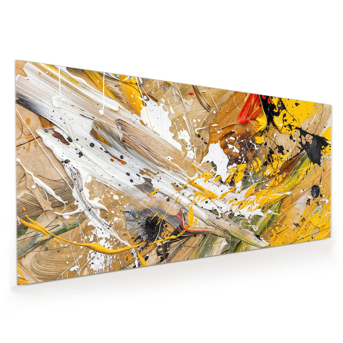 Küchenrückwand aus Glas im Hochformat mit Motiv Abstrakte Malerei: Dicke Farbspritzer und Schlieren in Gelb, Weiß, Braun und Schwarz