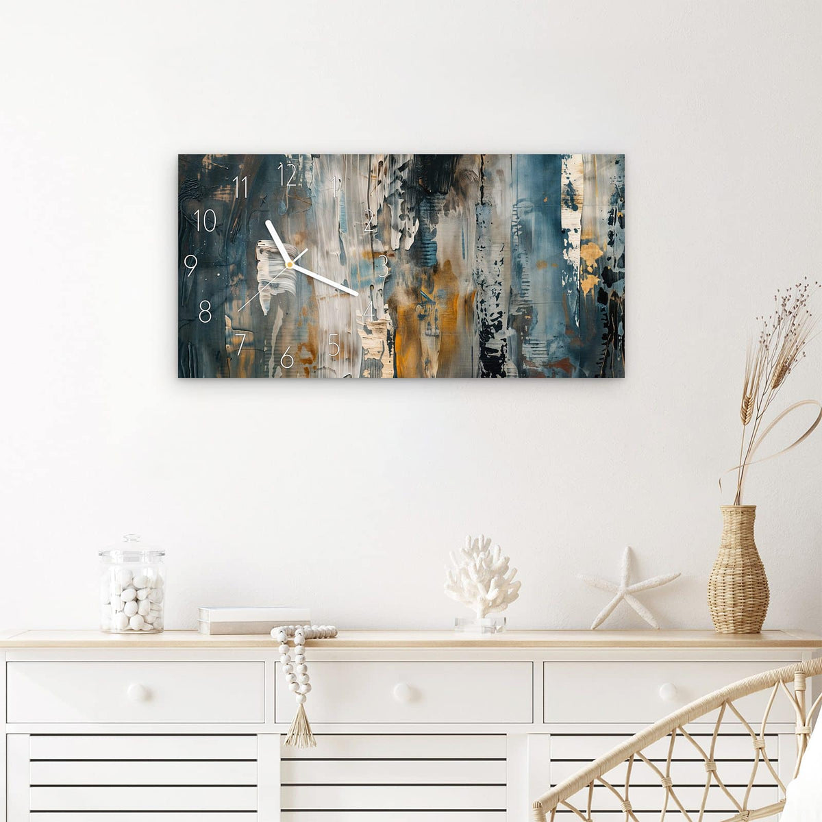 Wanduhr Abstrakte Kunstwerke aus Glas – Querformat 60 × 30 cm – Grunge-Schichten in Blau und Ocker