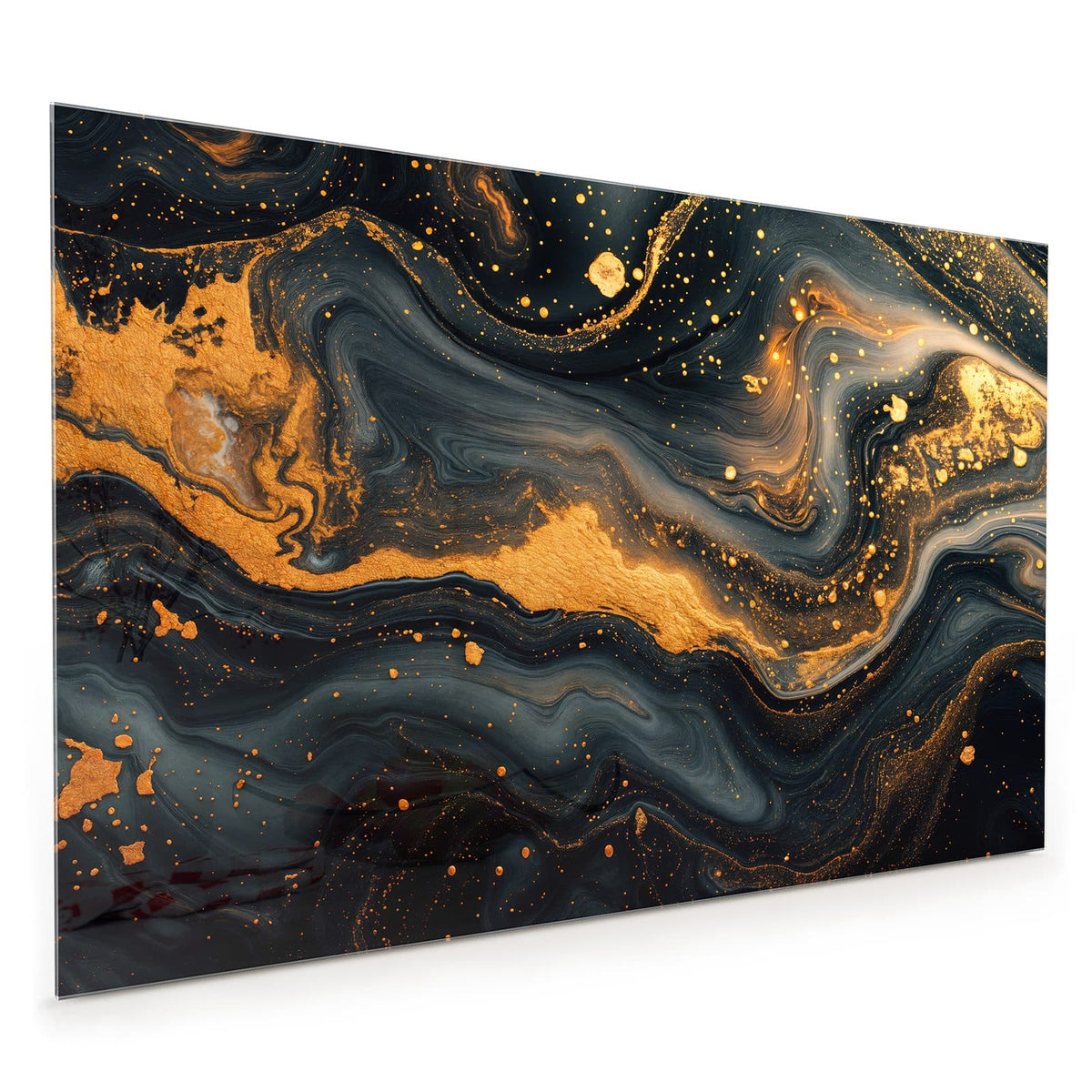 Küchenrückwand aus Glas im Hochformat: Schwarz-graue Marmorierung mit breiten Goldadern und Goldsprenkeln
