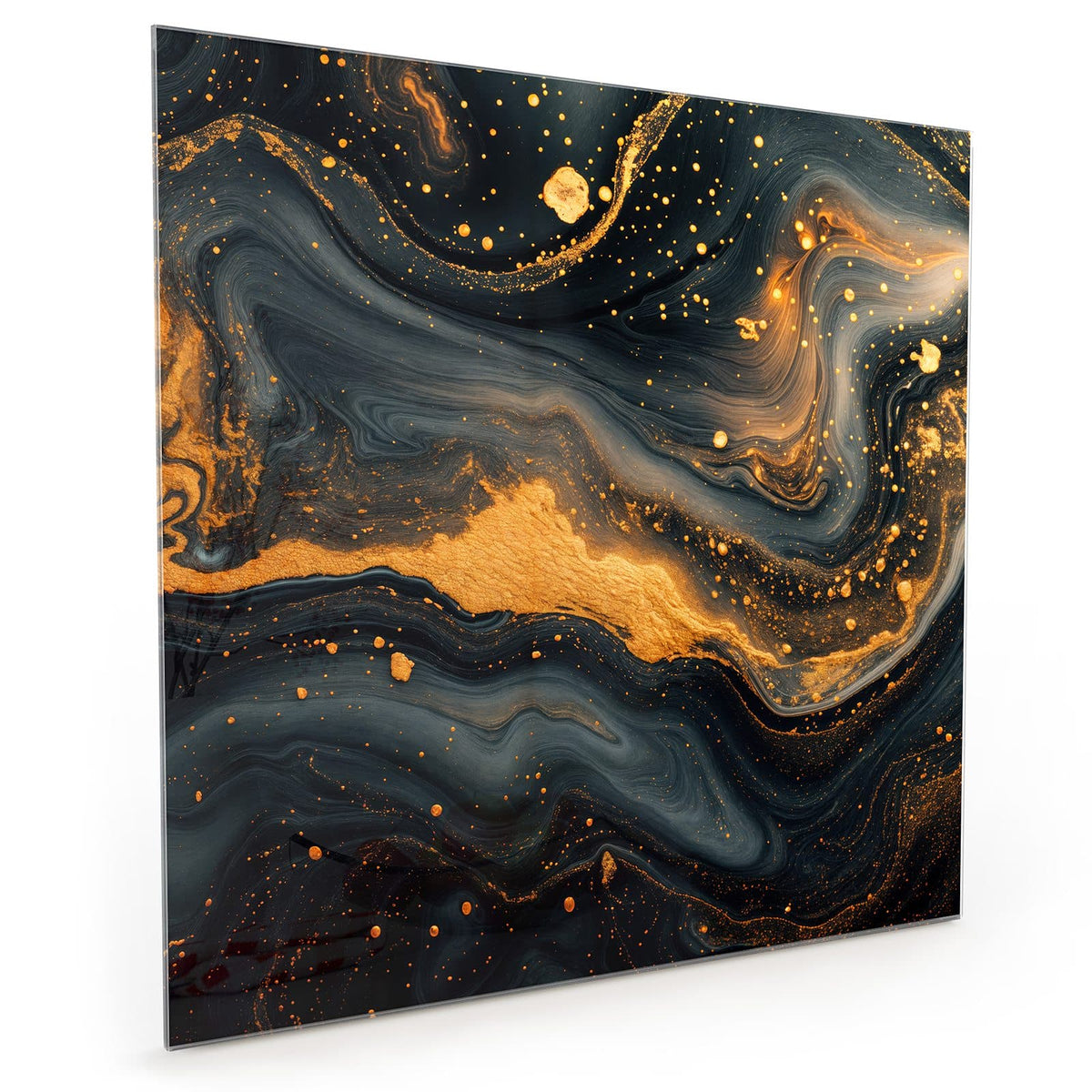 Küchenrückwand aus Glas im quadratischen Format: Schwarz-graue Marmorierung mit breiten Goldadern und Goldsprenkeln #grösse_40 x 40 cm #grösse_50 x 50 cm #grösse_60 x 60 cm