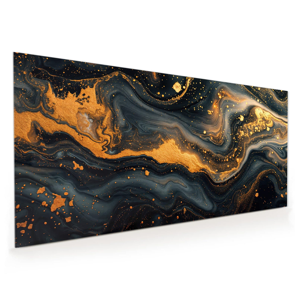 Küchenrückwand aus Glas im Hochformat: Schwarz-graue Marmorierung mit breiten Goldadern und Goldsprenkeln