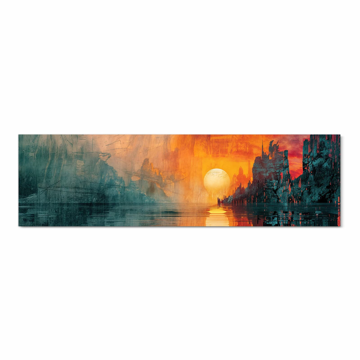 Waschbarer moderner Küchenläufer mit Motiv Sonnenuntergang Stadt in Frontansicht