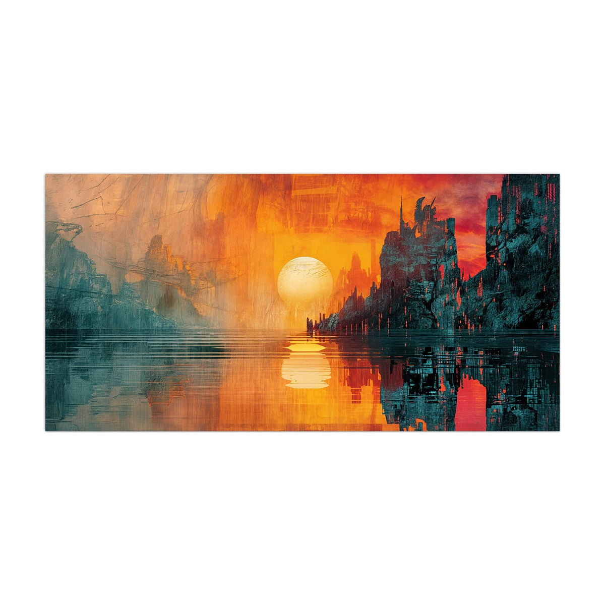 Küchenrückwand aus Glas Sonne zwischen Felsen im Hochformat, Motiv bildfüllend von vorn