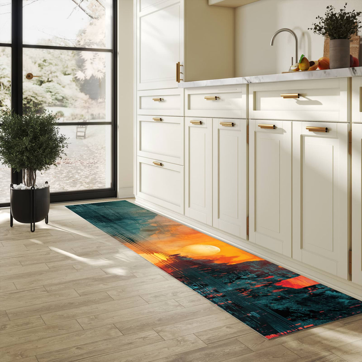 Bodenschonender Küchenteppich mit Motiv Sonnenuntergang Stadt in heller Küche