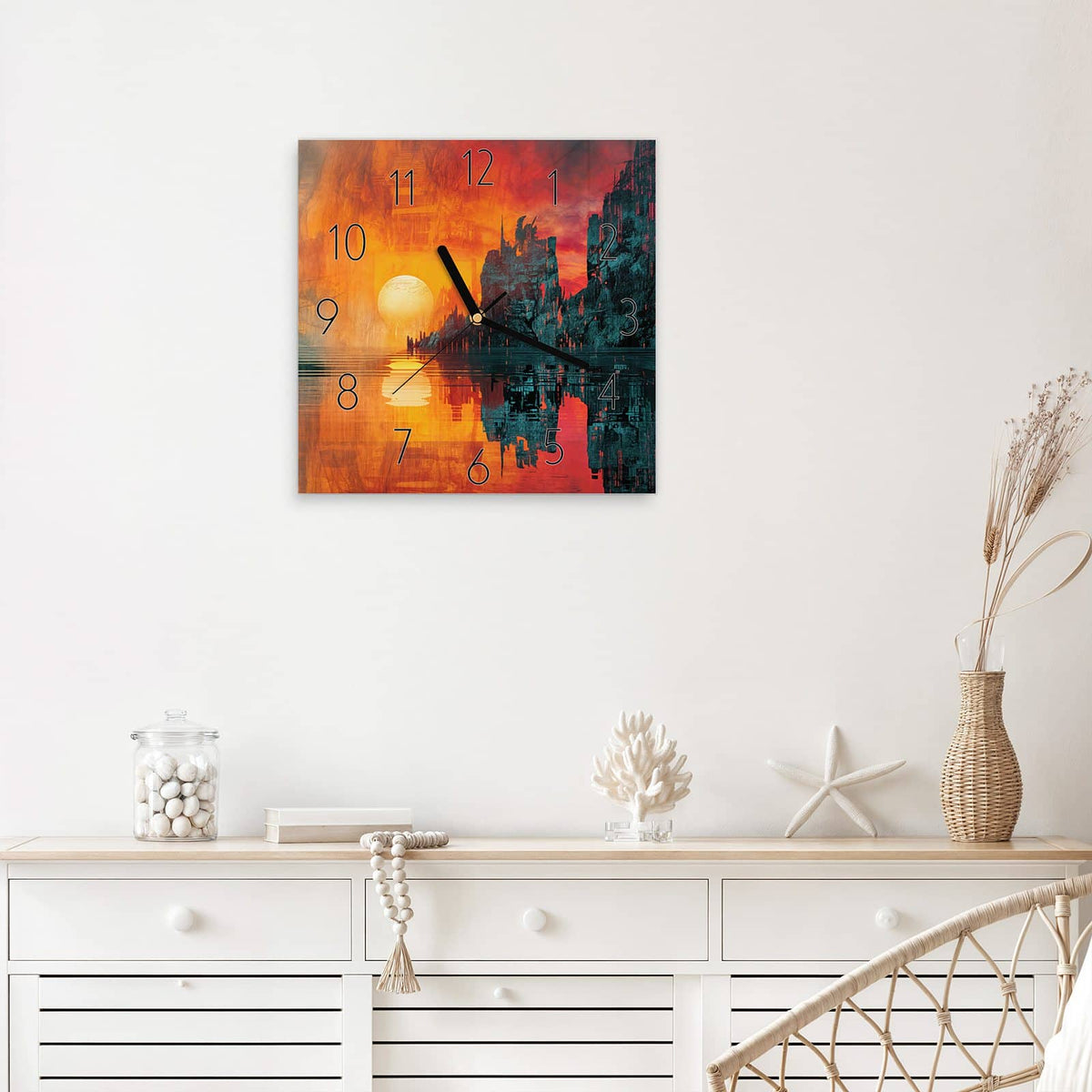 Wanduhr Sonne zwischen Felsen aus Glas – Quadratisch 30 × 30 cm – Bleiche Sonne zwischen Felswänden