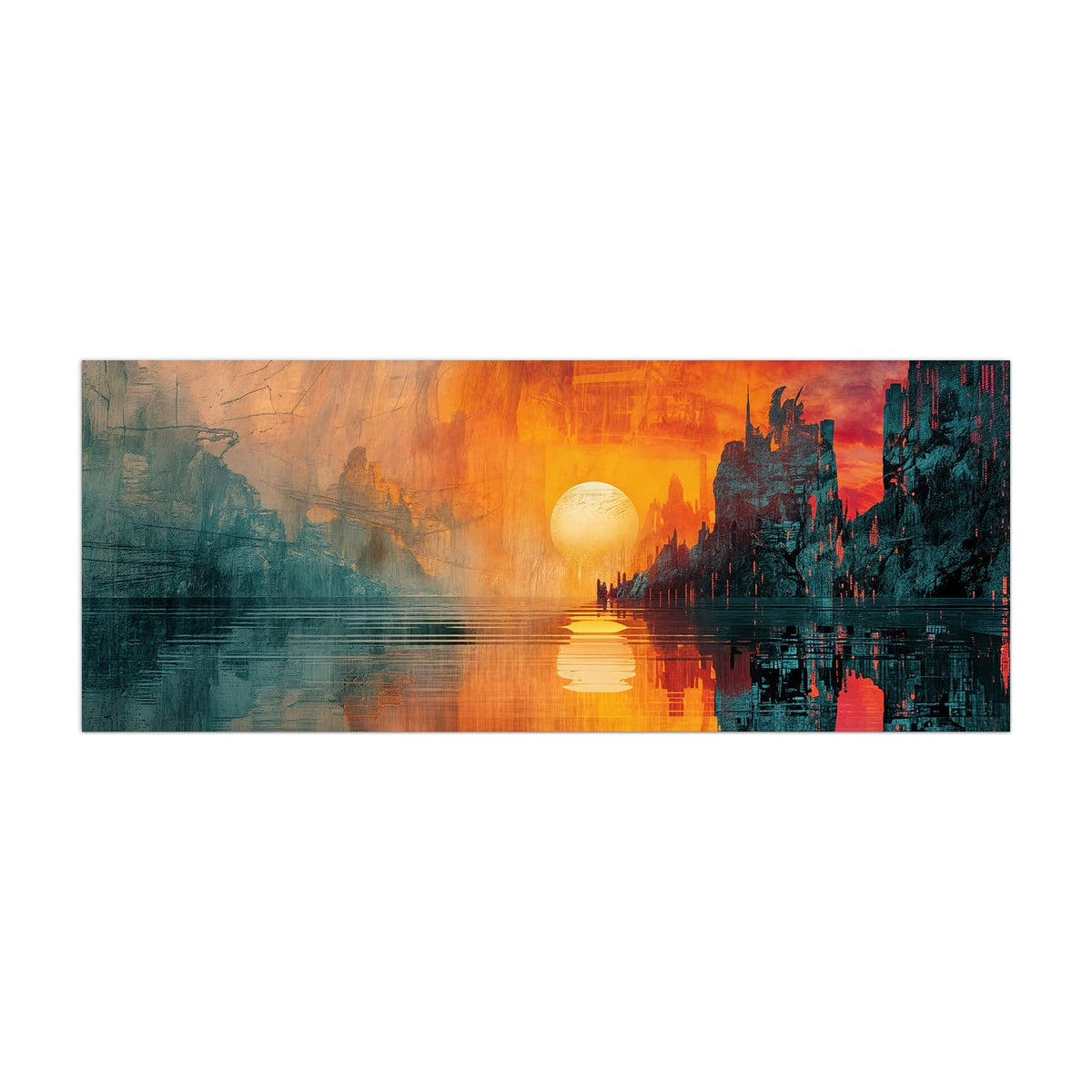 Küchenrückwand aus Glas Sonne zwischen Felsen im Hochformat, Motiv bildfüllend von vorn