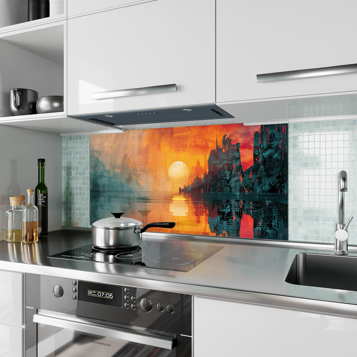 Küchenrückwand aus Glas Sonne zwischen Felsen im Hochformat als Spritzschutz hinter dem Kochfeld, über dem Fliesenspiegel montiert