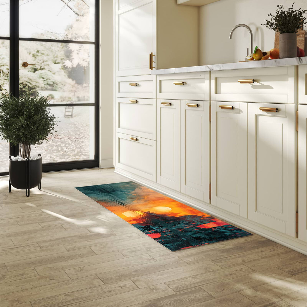 Feuchtigkeitsresistenter Teppich für Küche mit Motiv Sonnenuntergang Stadt in heller Küche
