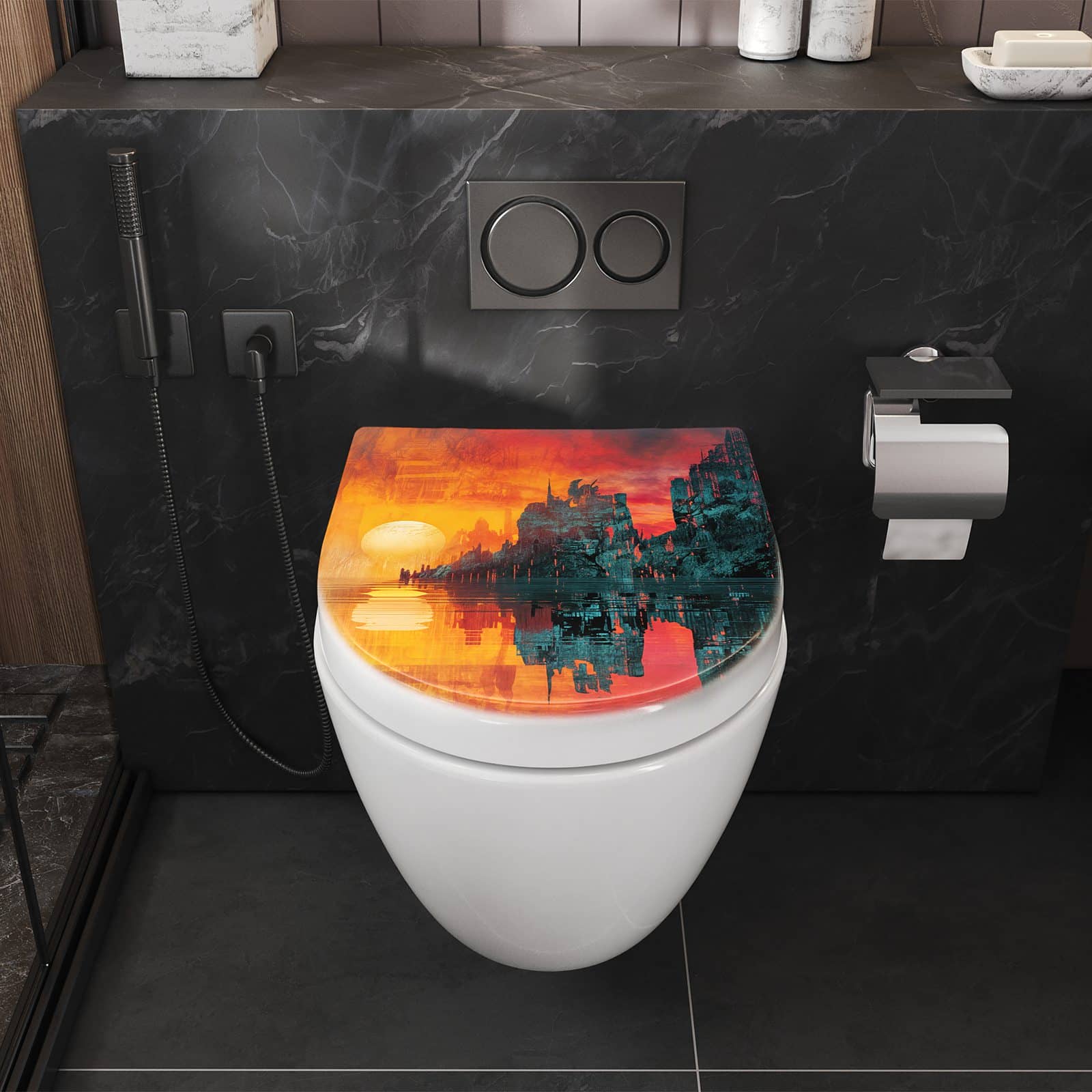 WC-Sitz mit Absenkautomatik Sonnenuntergang Stadt
