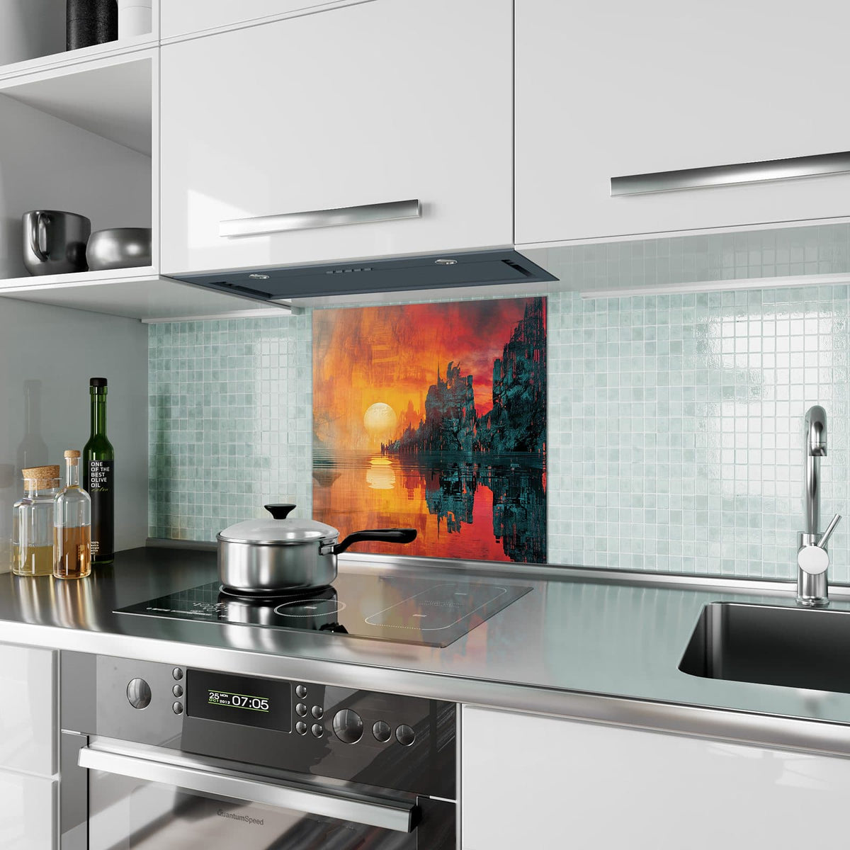 Küchenrückwand aus Glas Sonne zwischen Felsen im quadratischen Format als Spritzschutz hinter dem Kochfeld, über dem Fliesenspiegel montiert