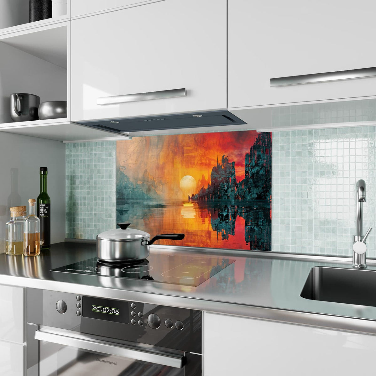 Küchenrückwand aus Glas Sonne zwischen Felsen im Hochformat als Spritzschutz hinter dem Kochfeld, über dem Fliesenspiegel montiert