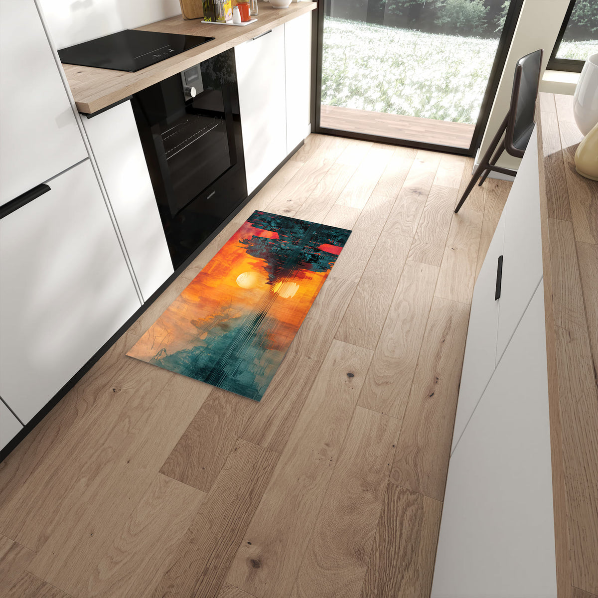 Waschbarer Küchenteppich mit Motiv Sonnenuntergang Stadt in moderner Küche #grösse_60 x 120 cm
