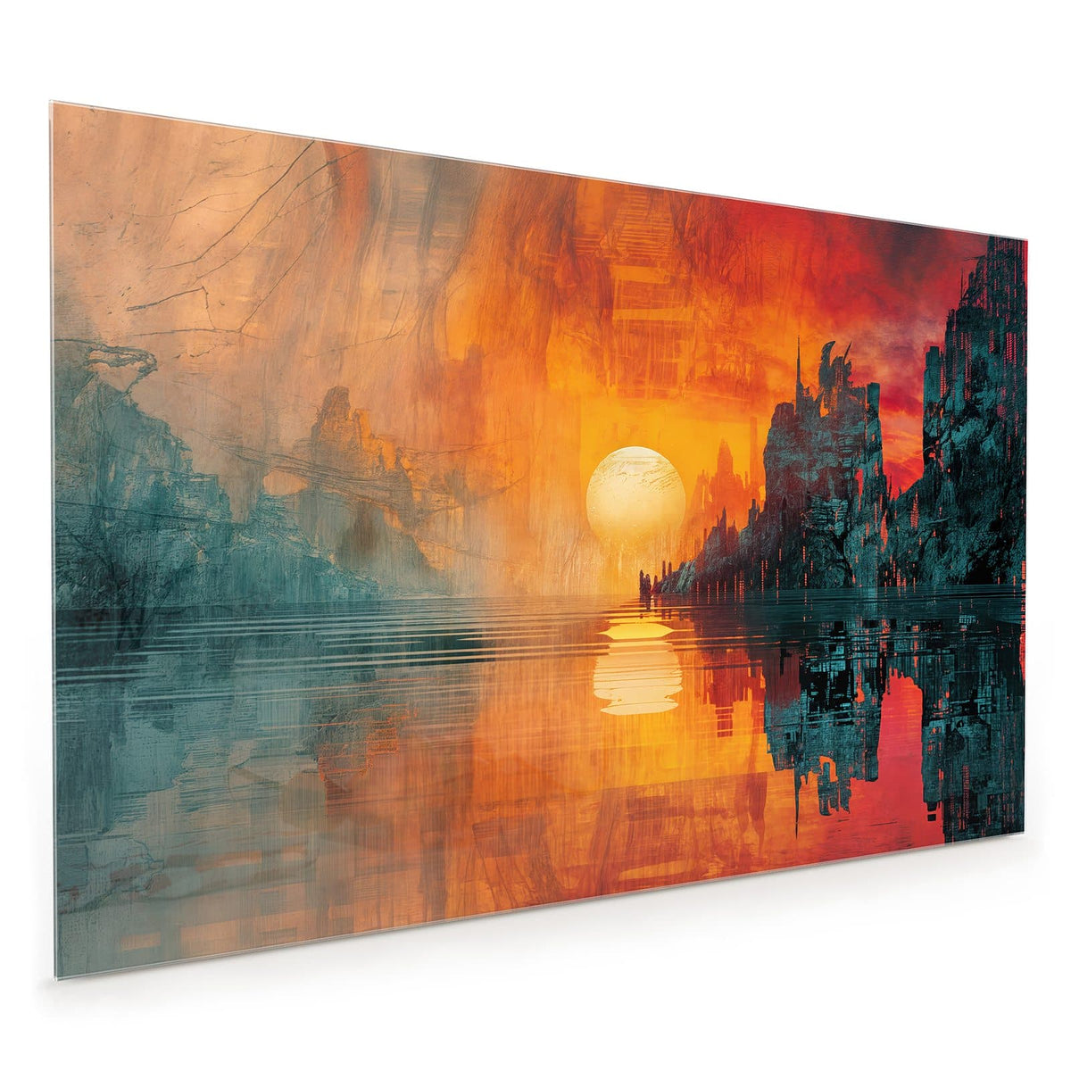 Küchenrückwand aus Glas im Hochformat: Große bleiche Sonne zwischen dunklen, zerklüfteten Felswänden, Spiegelung im Wasser, Orange-Rot-Verlauf