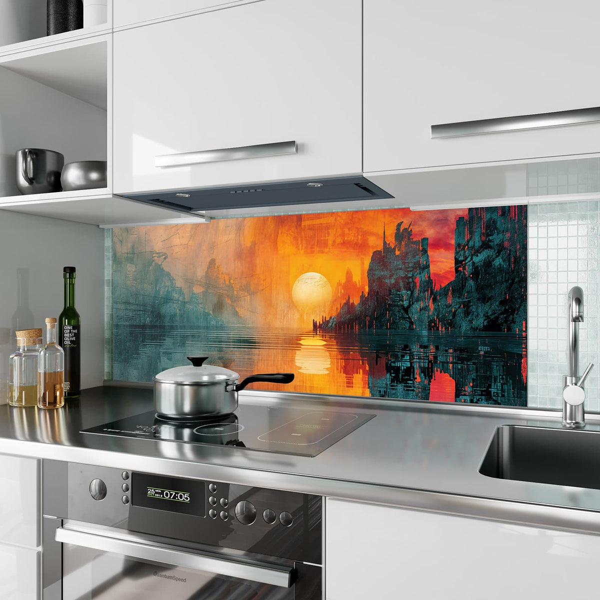 Küchenrückwand aus Glas Sonne zwischen Felsen im Hochformat als Spritzschutz hinter dem Kochfeld, über dem Fliesenspiegel montiert
