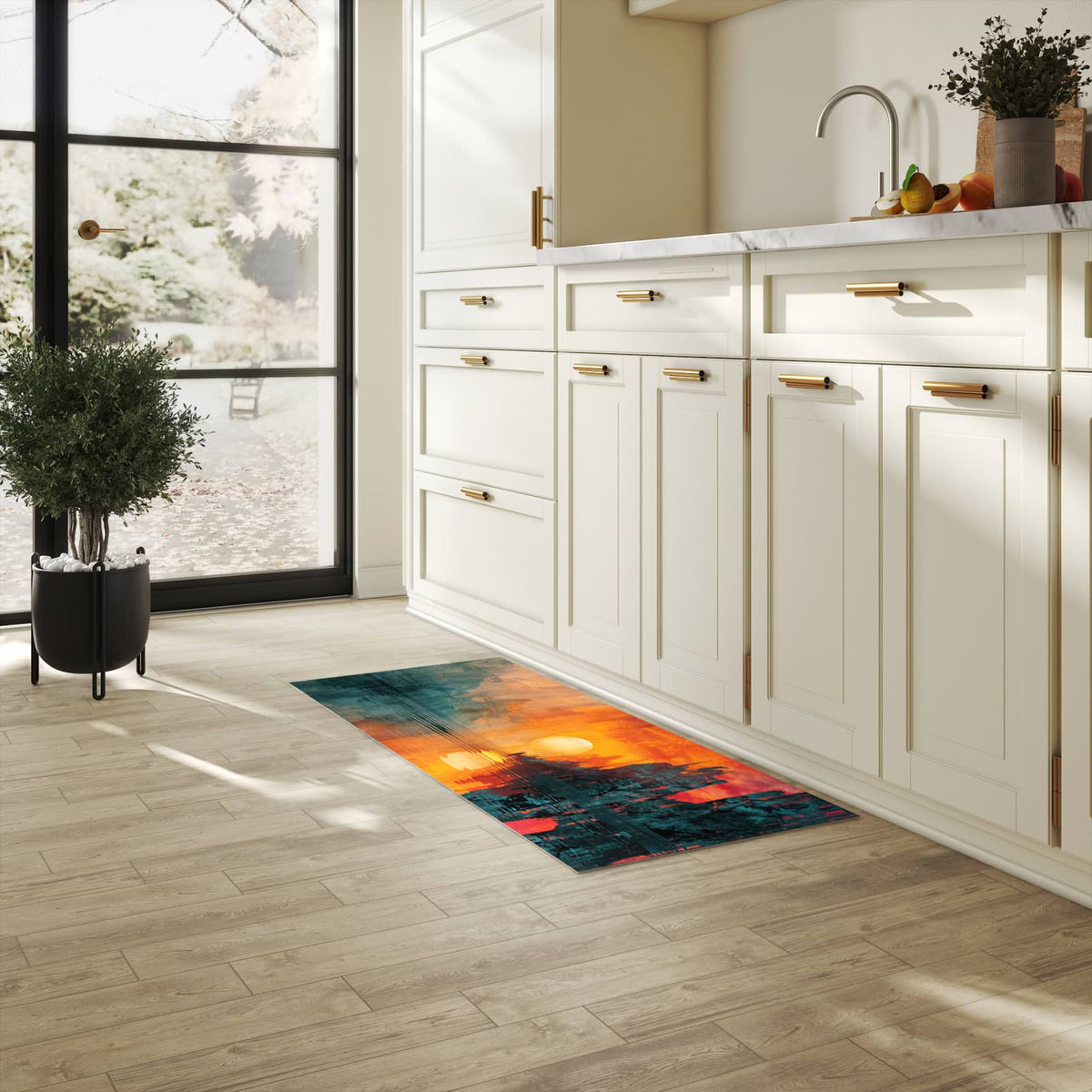 Rutschfester Küchenteppich mit Motiv Sonnenuntergang Stadt in heller Küche