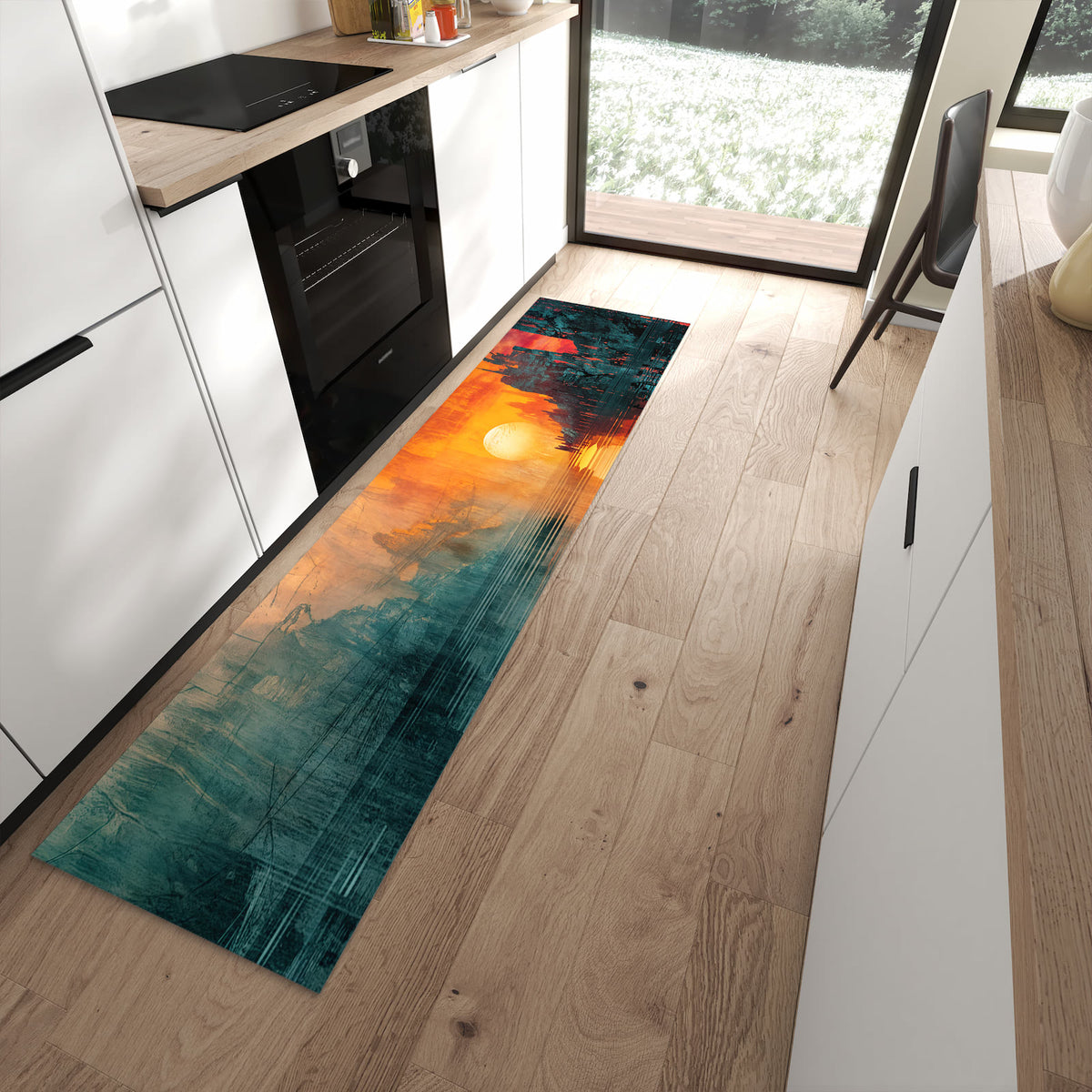 Feuchtigkeitsresistenter Küchenteppich mit Motiv Sonnenuntergang Stadt in moderner Küche