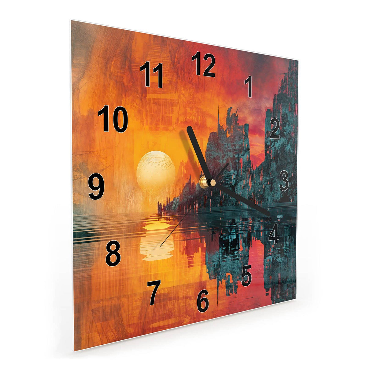 Quadratische Wanduhr aus Glas Sonne zwischen Felsen schräg von der Seite, 4 mm starkes Glas