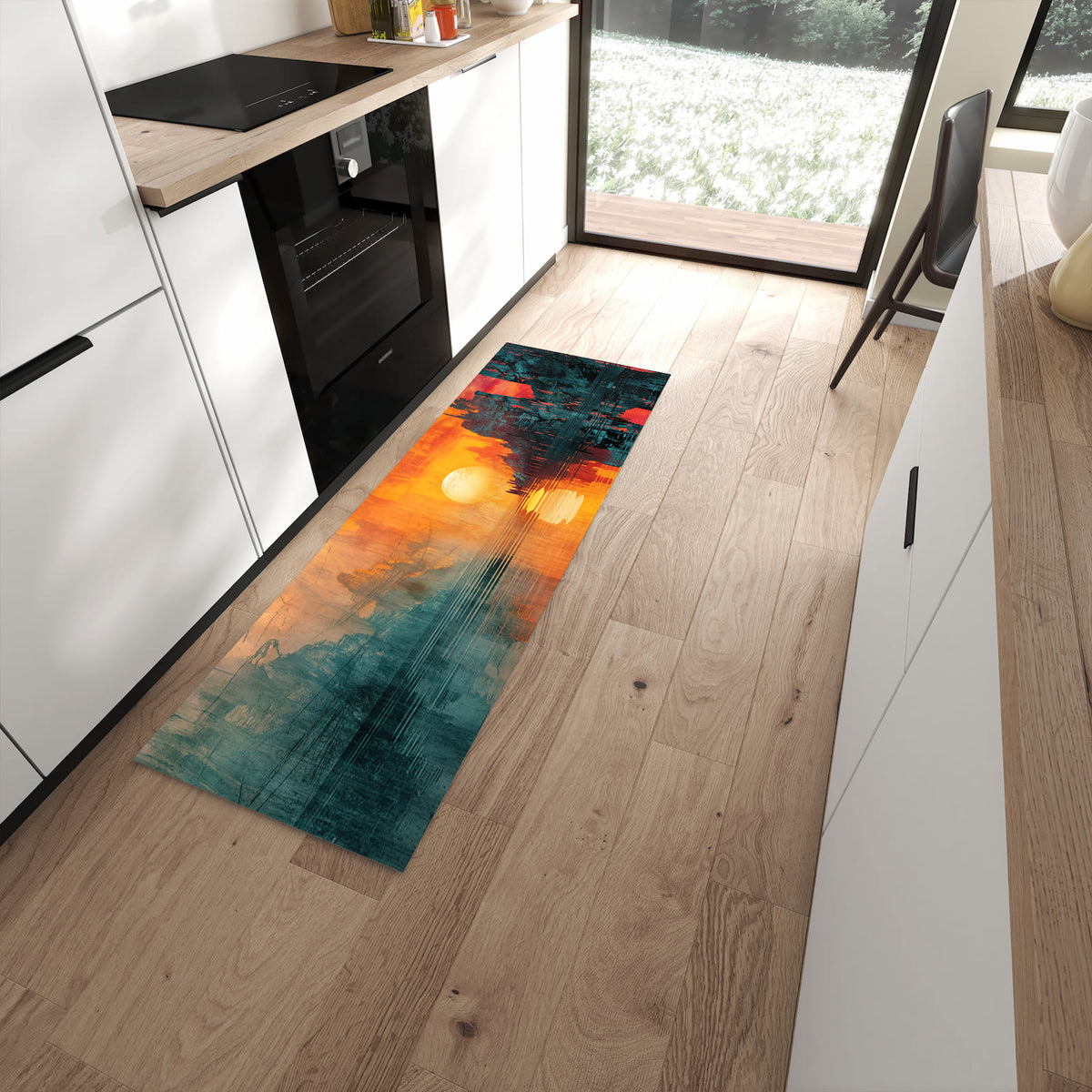 Rutschfester großer Küchenteppich mit Motiv Sonnenuntergang Stadt in moderner Küche