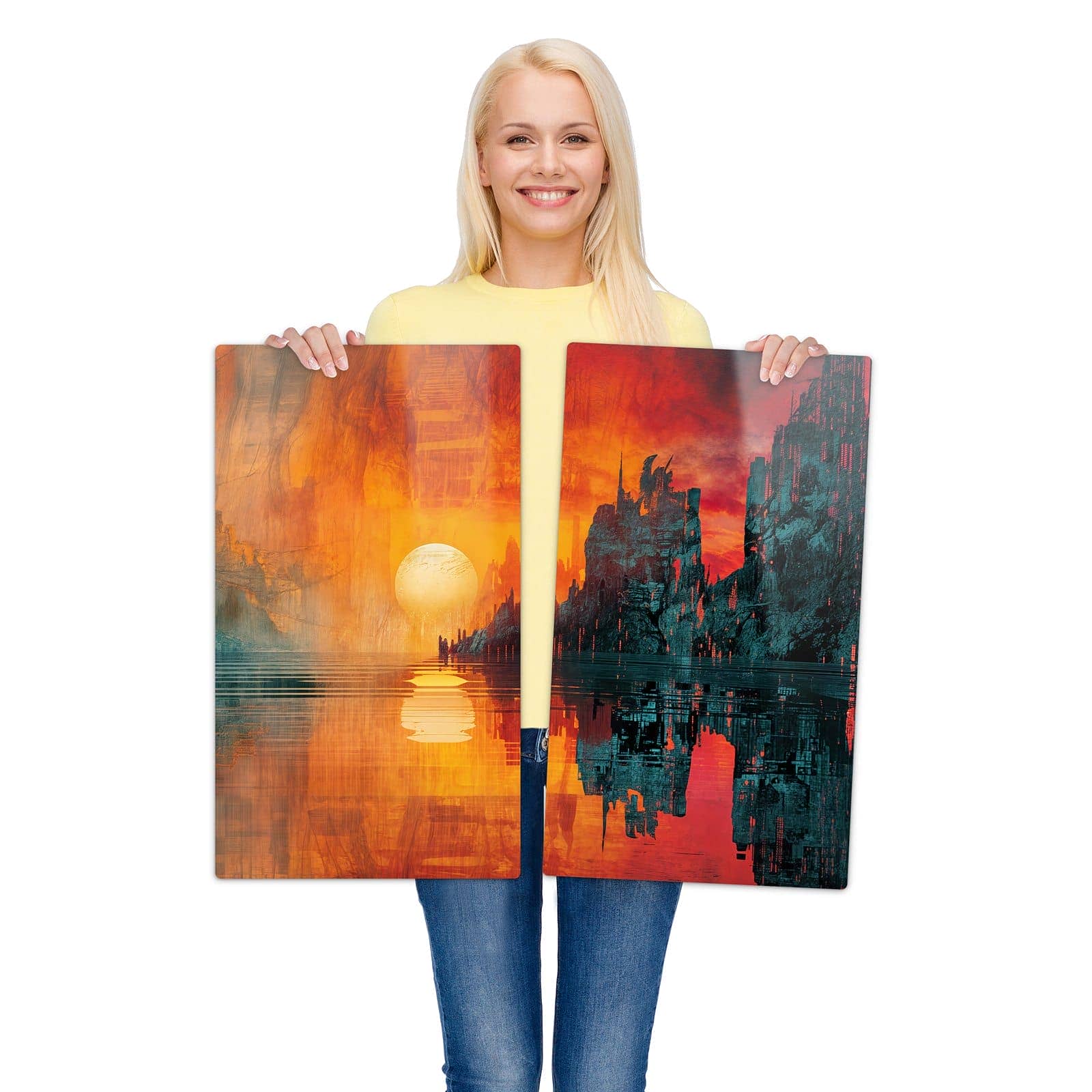 2-teilige Ceranfeld-Abdeckplatten mit Sonnenuntergang Stadt-Motiv werden zur Größendarstellung gehalten
